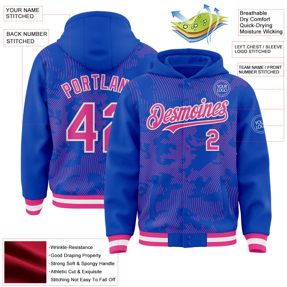 Custom Thunder Blue Pink-White Curve Lines Bomber Full-Snap Varsity Letterman Hoodie Jacket - Image 4