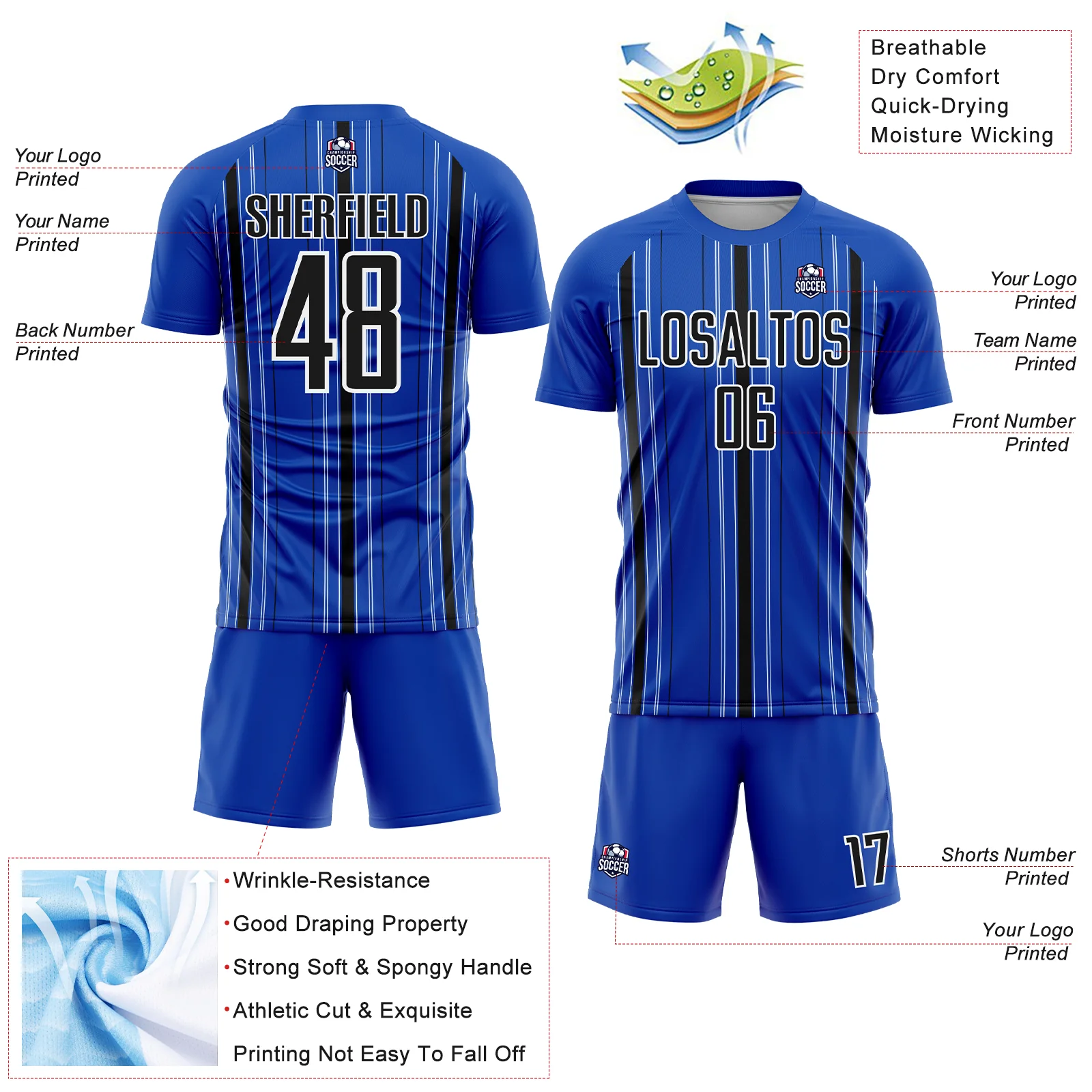Custom Thunder Blue Black-White Stripe Sublimation Soccer Uniform Jersey - Image 4