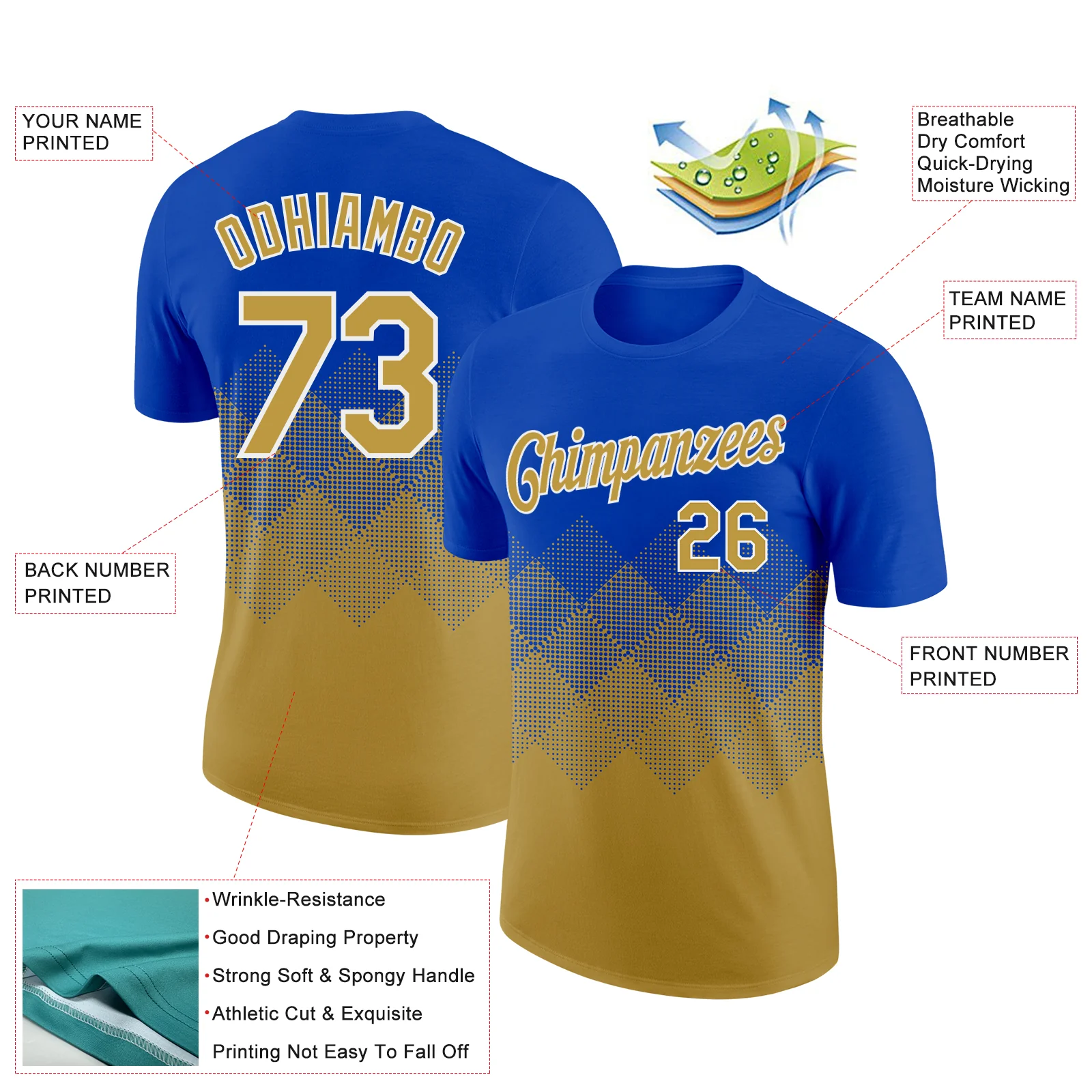 Custom Thunder Blue Old Gold-White 3D Pattern Design Gradient Square Shapes Performance T-Shirt - Image 2