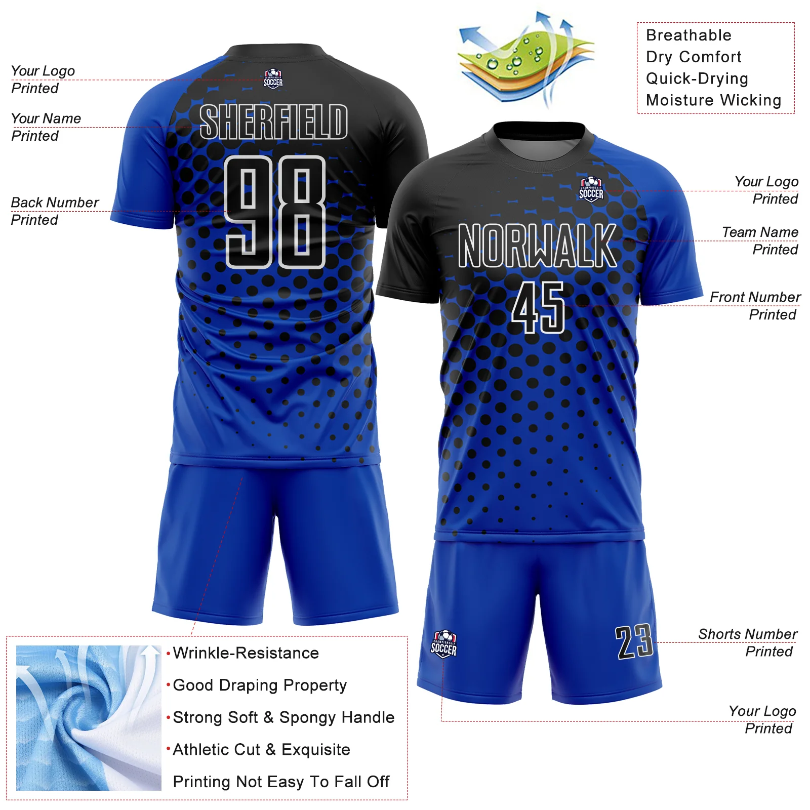 Custom Thunder Blue Black-White Modern Polka Dot Sublimation Soccer Uniform Jersey - Image 4