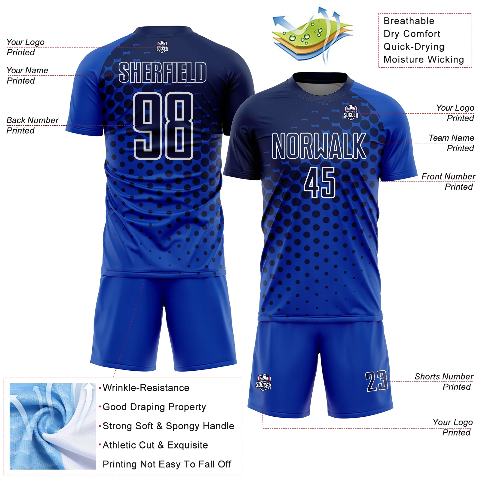 Custom Thunder Blue Navy-White Modern Polka Dot Sublimation Soccer Uniform Jersey - Image 4