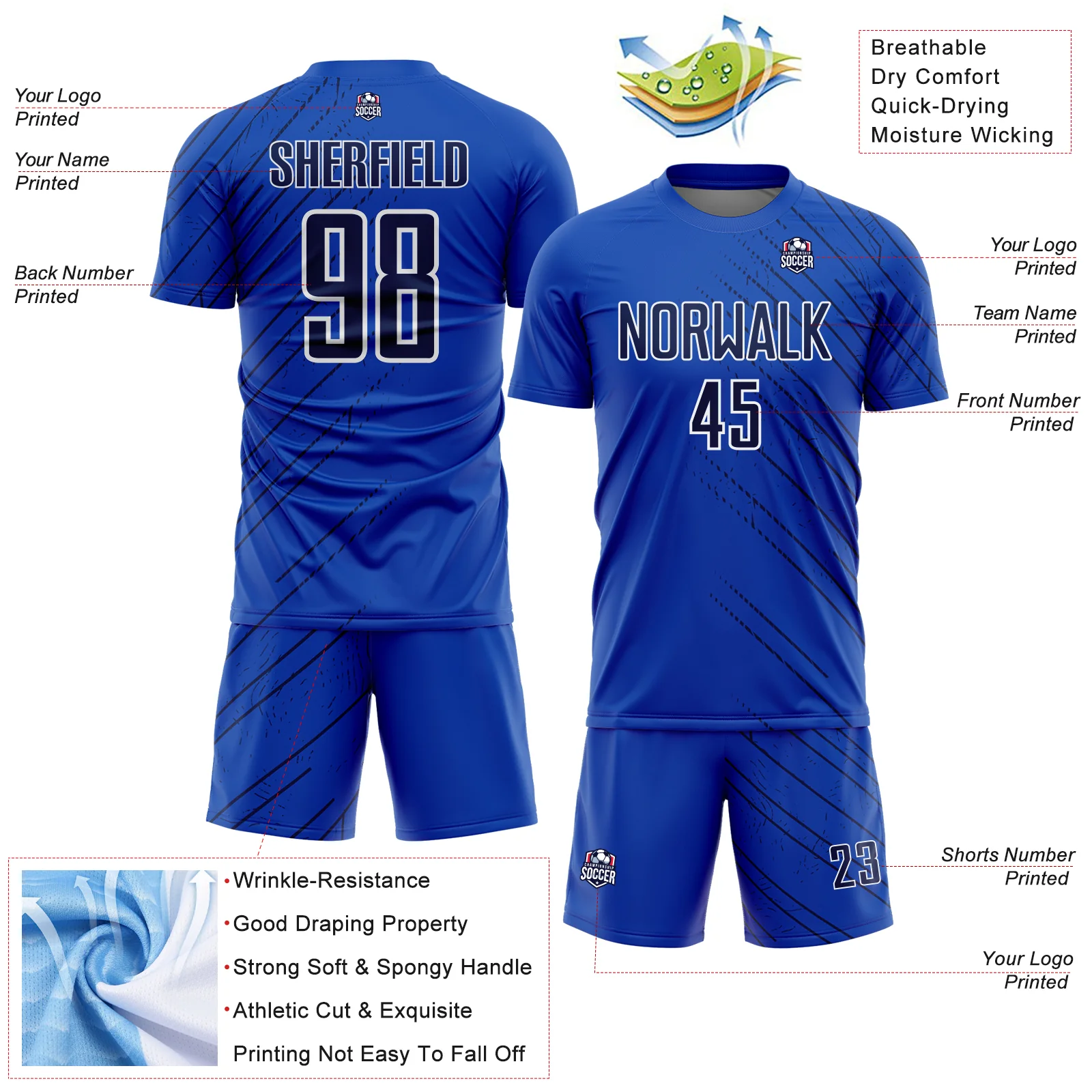 Custom Thunder Blue Navy-White Lines Sports Sublimation Soccer Uniform Jersey - Image 4