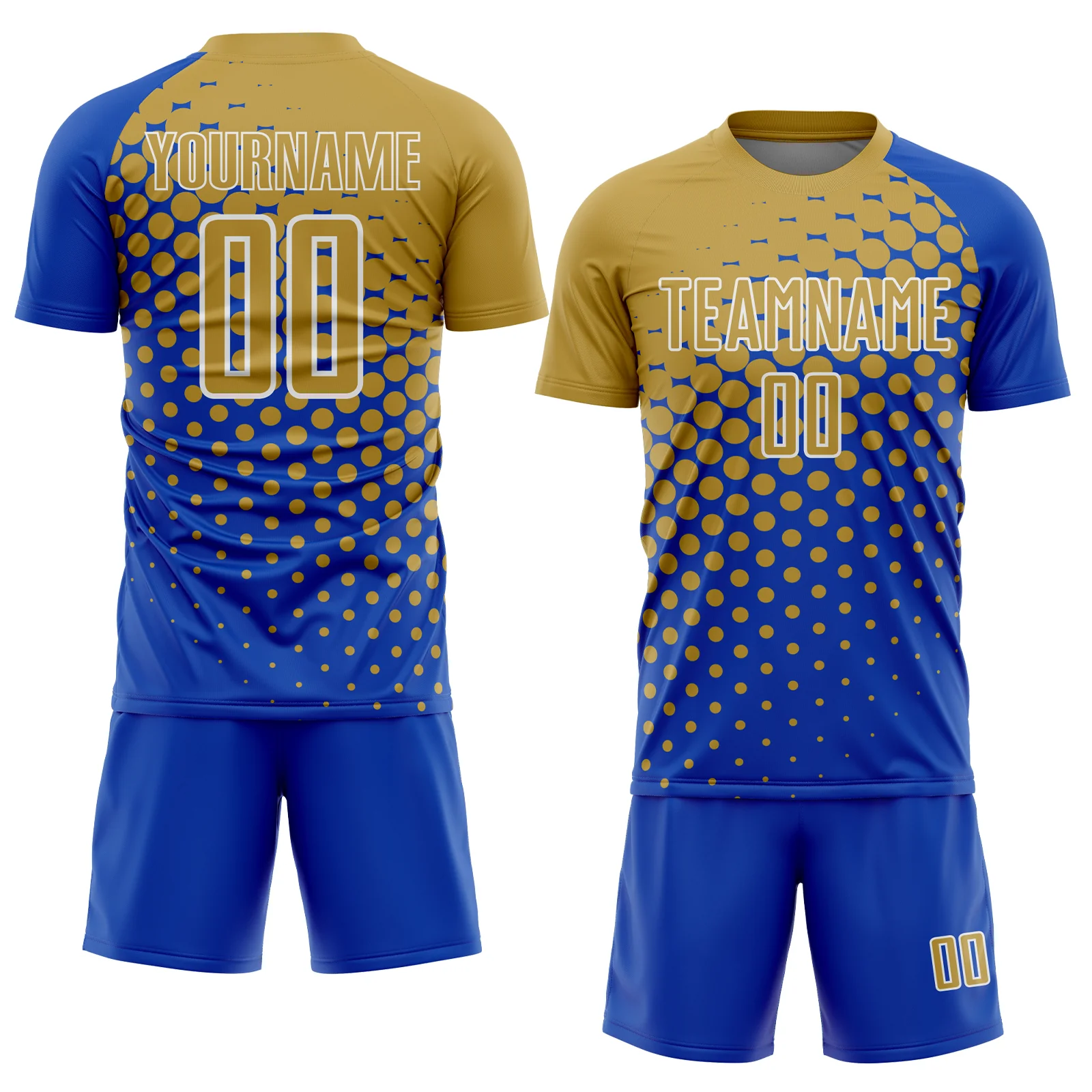 Custom Thunder Blue Old Gold-White Modern Polka Dot Sublimation Soccer Uniform Jersey - Image 2