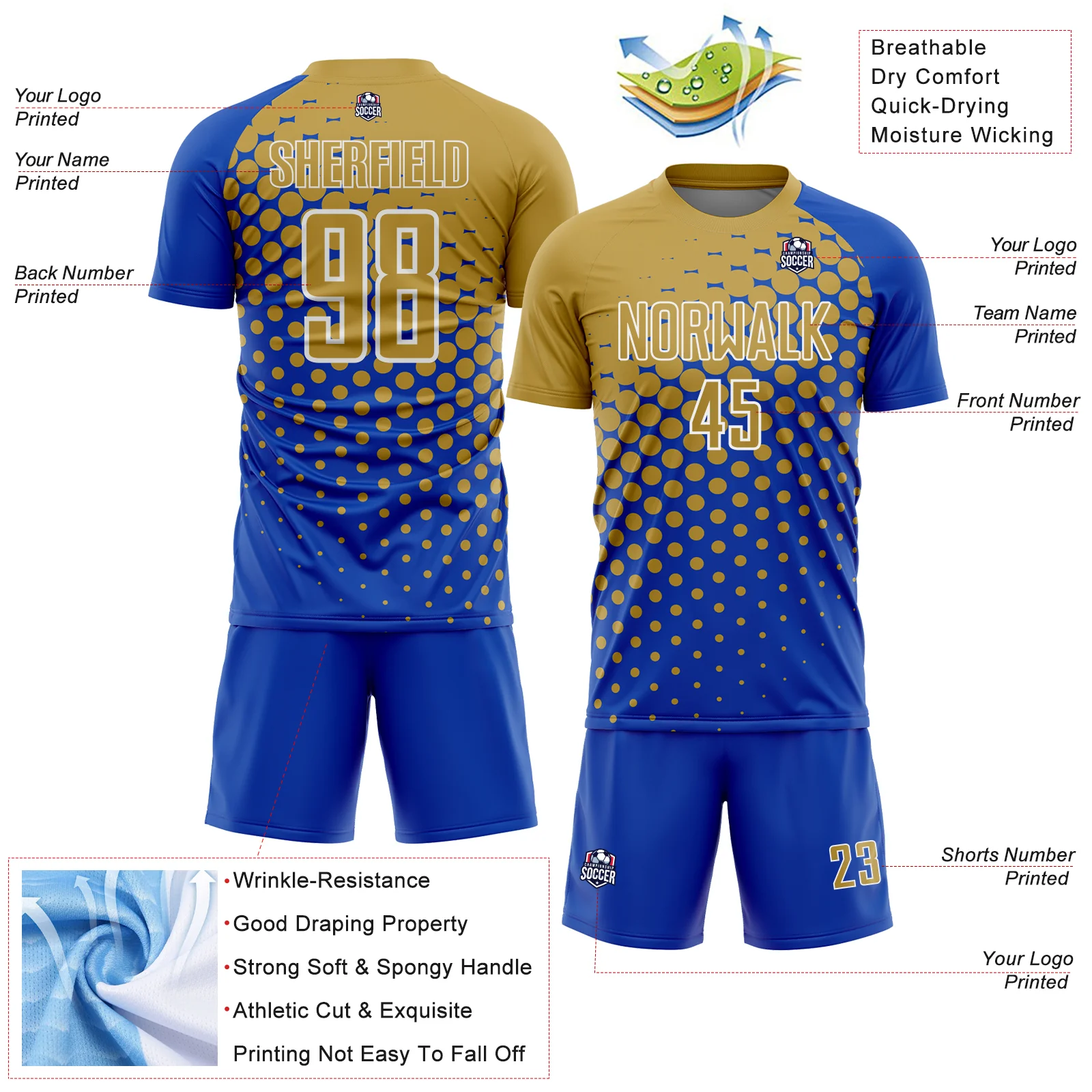 Custom Thunder Blue Old Gold-White Modern Polka Dot Sublimation Soccer Uniform Jersey - Image 4