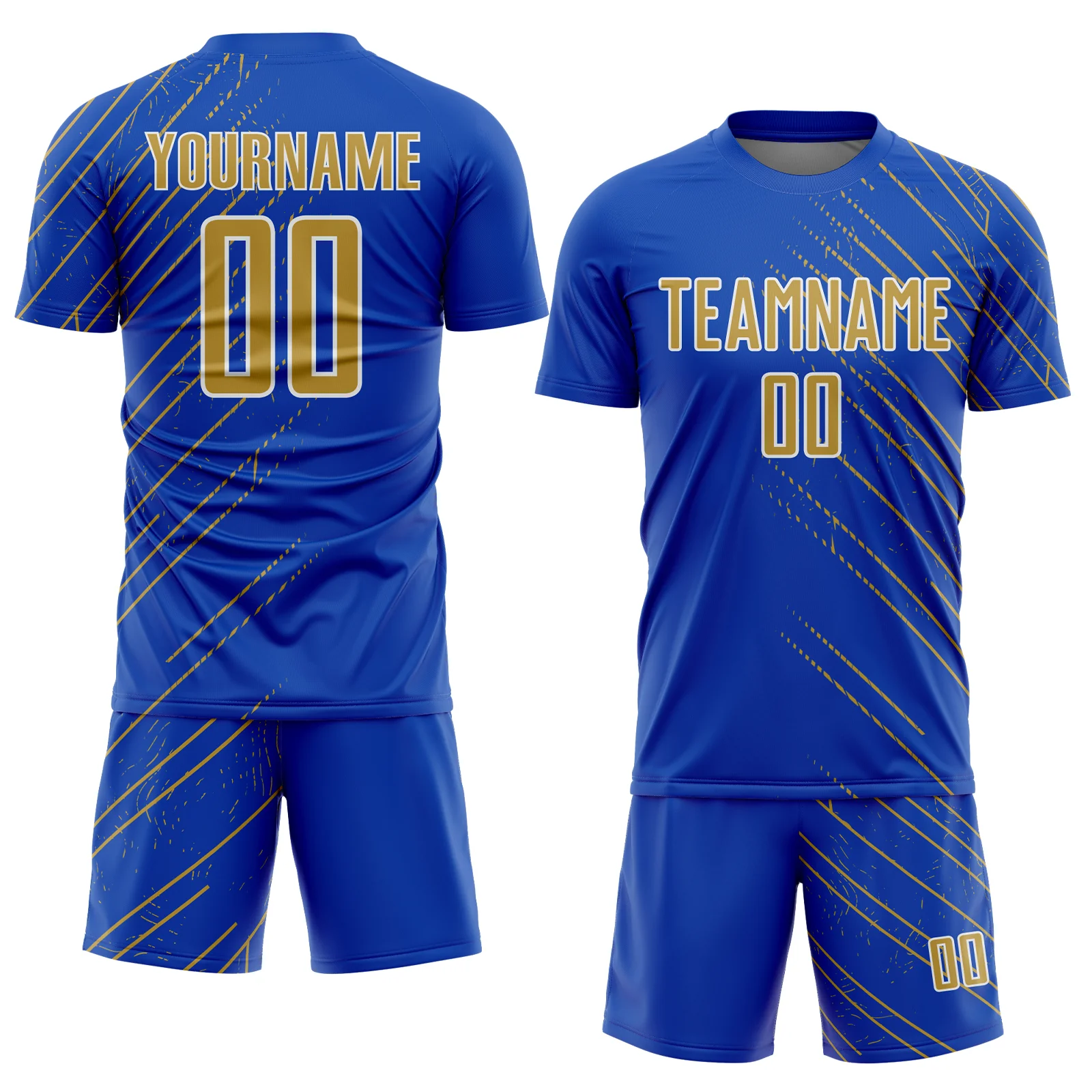Custom Thunder Blue Old Gold-White Lines Sports Sublimation Soccer Uniform Jersey - Image 2