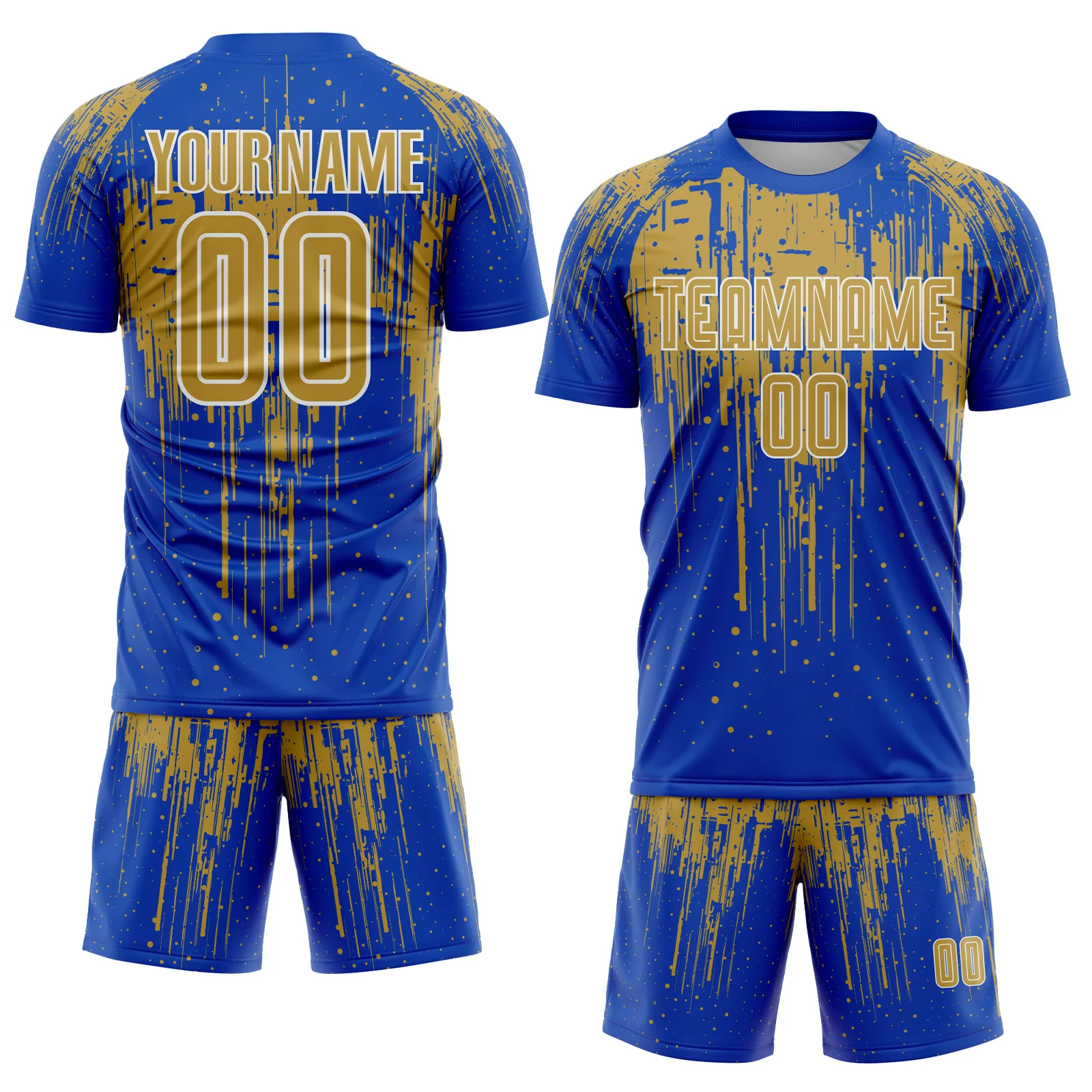 Custom Thunder Blue Old Gold-White Dripping Splatte Pattern Sports Sublimation Soccer Uniform Jersey - Image 2
