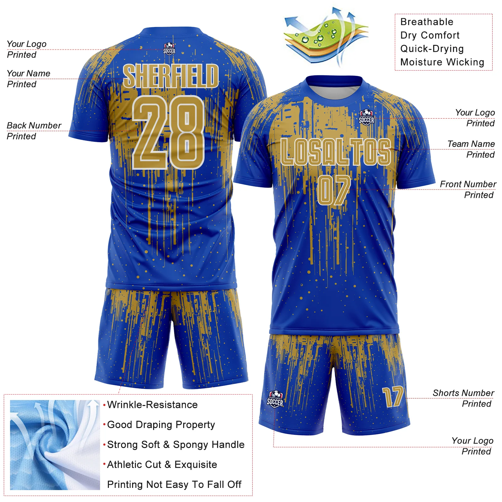 Custom Thunder Blue Old Gold-White Dripping Splatte Pattern Sports Sublimation Soccer Uniform Jersey - Image 4