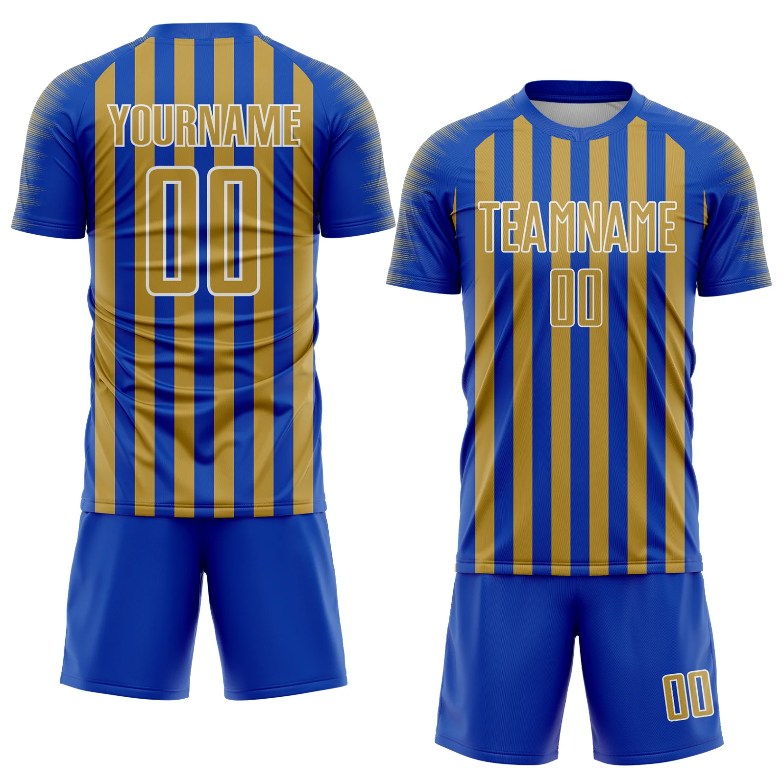 Custom Thunder Blue Old Gold-White Stripe Sports Sublimation Soccer Uniform Jersey - Image 2