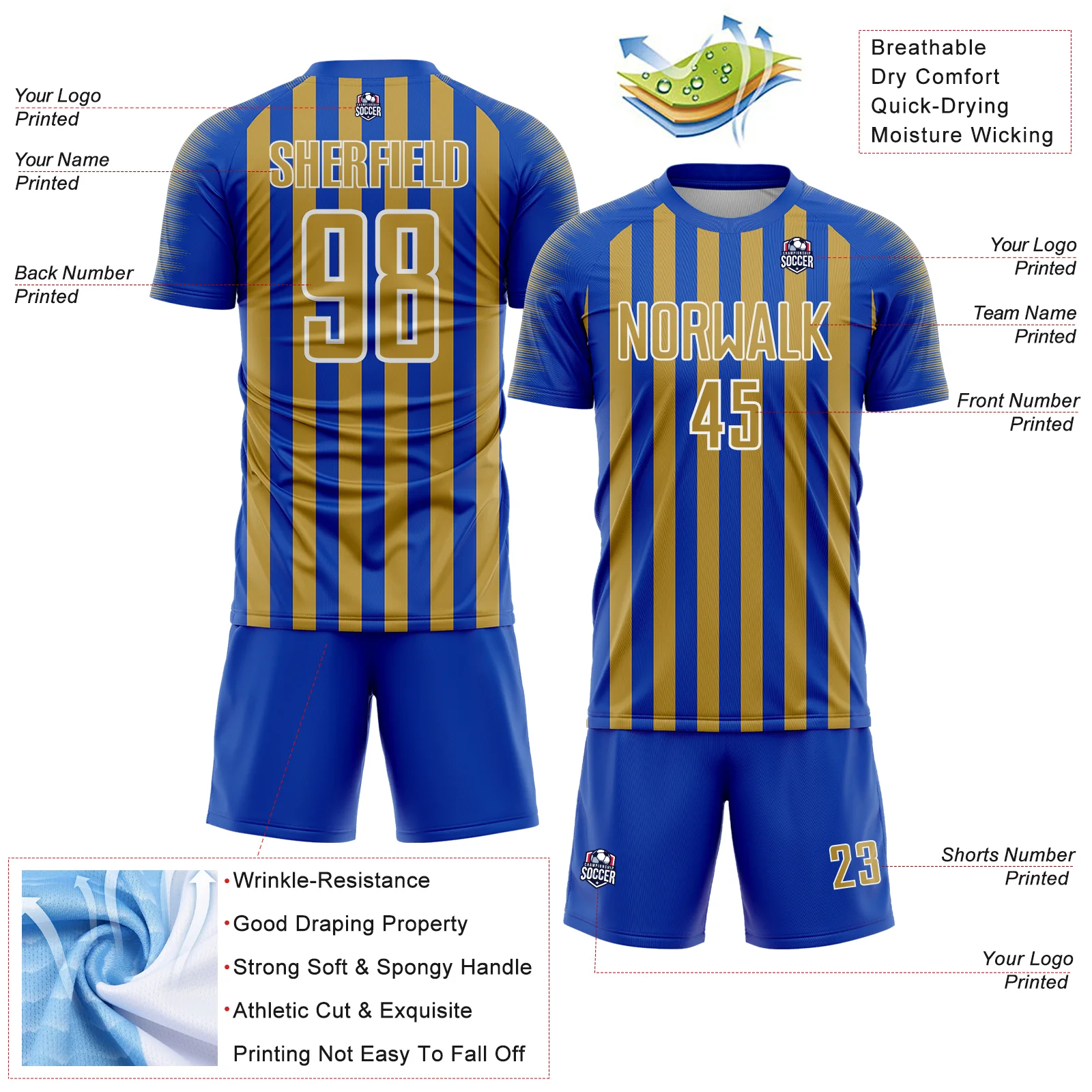 Custom Thunder Blue Old Gold-White Stripe Sports Sublimation Soccer Uniform Jersey - Image 4