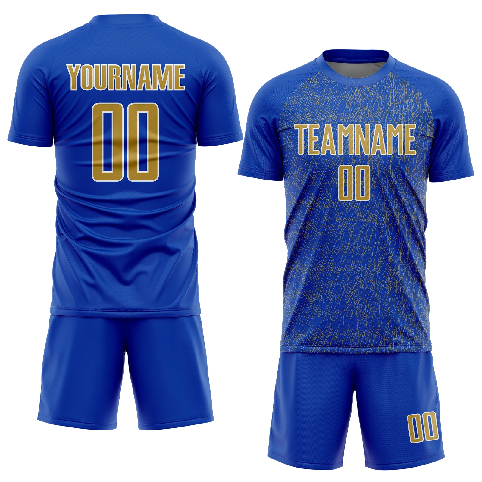 Custom Thunder Blue Old Gold-White Abstract Scribble Curve Line Pattern Sports Sublimation Soccer Uniform Jersey - Image 2