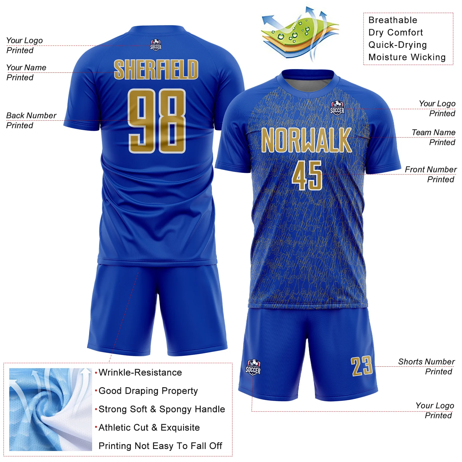 Custom Thunder Blue Old Gold-White Abstract Scribble Curve Line Pattern Sports Sublimation Soccer Uniform Jersey - Image 4