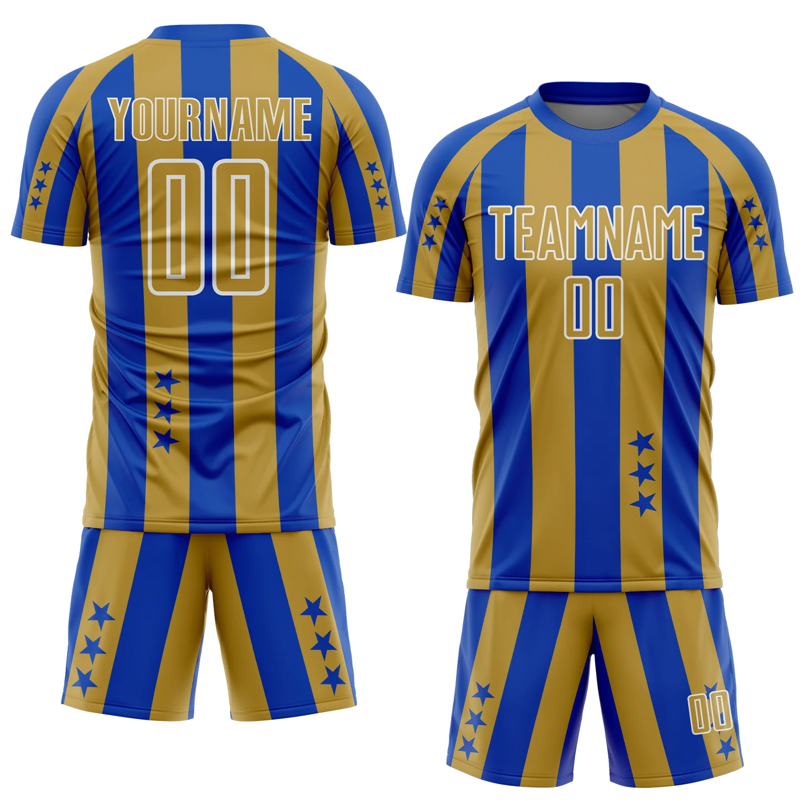 Custom Thunder Blue Old Gold-White Stars And Stripes Sports Sublimation Soccer Uniform Jersey - Image 2