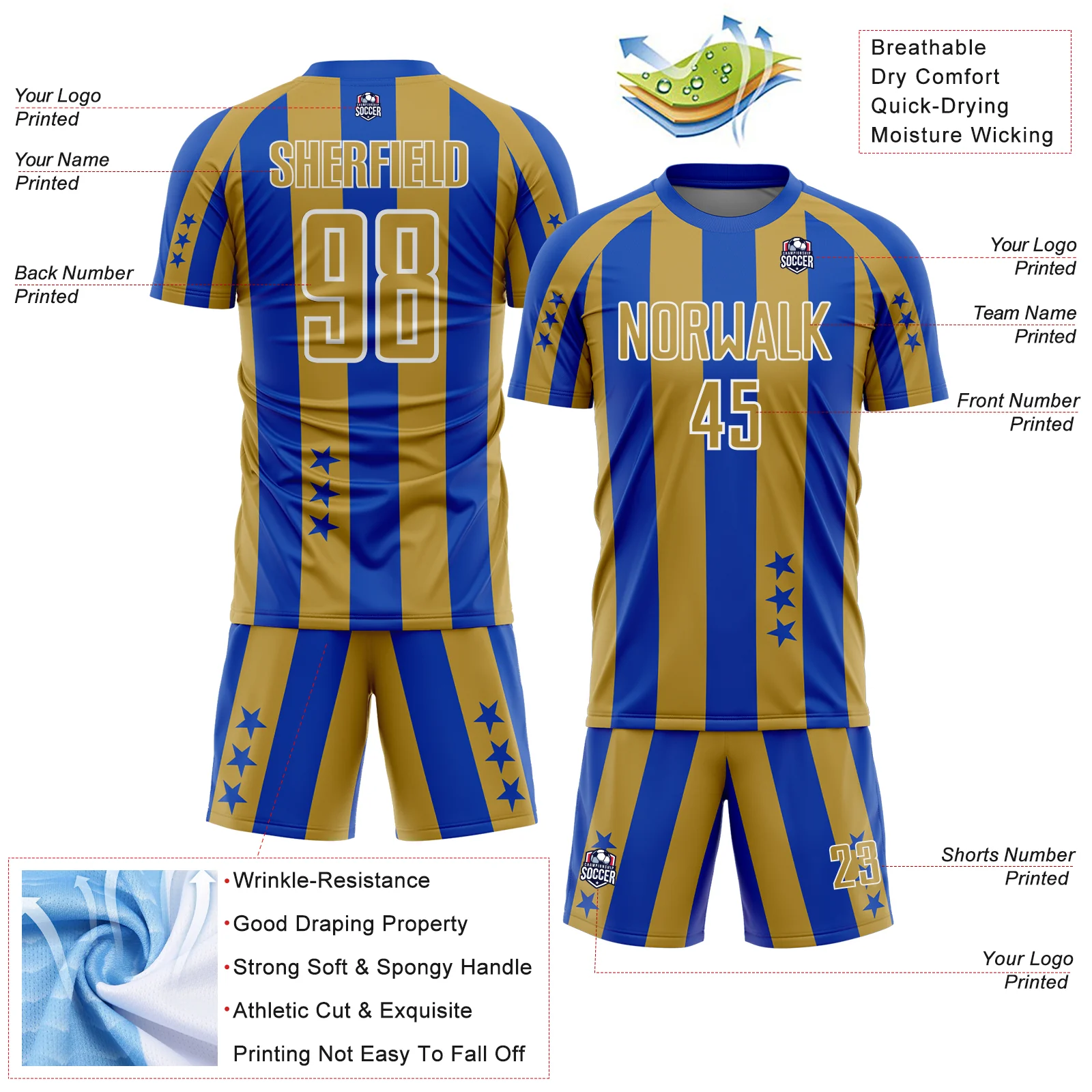 Custom Thunder Blue Old Gold-White Stars And Stripes Sports Sublimation Soccer Uniform Jersey - Image 4