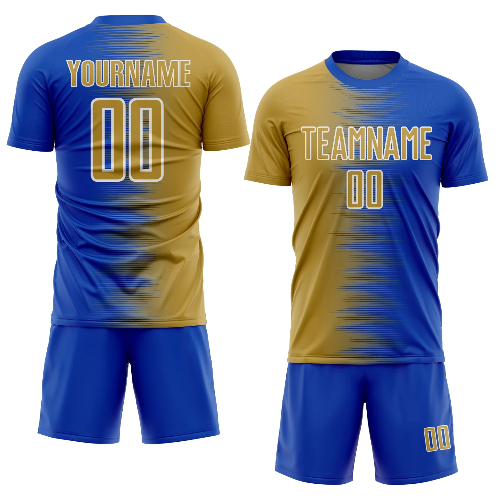 Custom Thunder Blue Old Gold-White Gradient Line Sublimation Soccer Uniform Jersey - Image 2