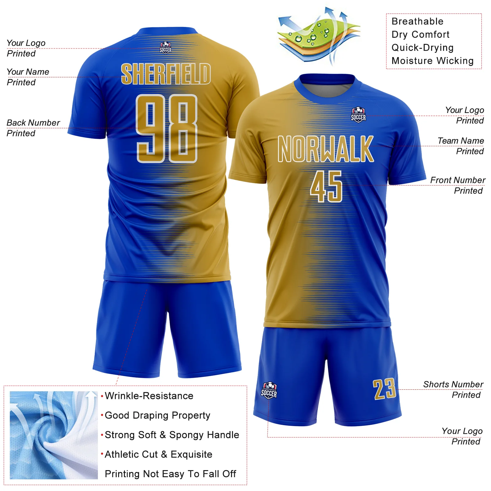Custom Thunder Blue Old Gold-White Gradient Line Sublimation Soccer Uniform Jersey - Image 4