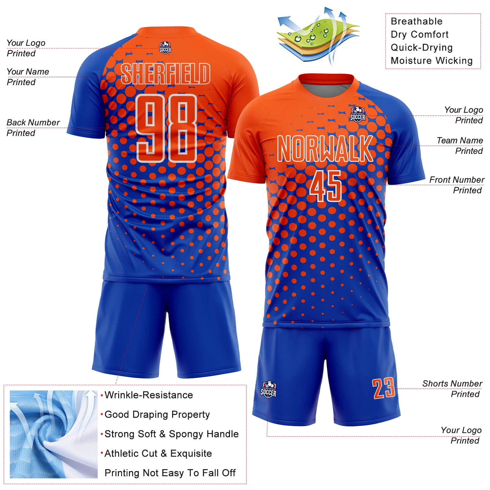 Custom Thunder Blue Orange-White Modern Polka Dot Sublimation Soccer Uniform Jersey - Image 4
