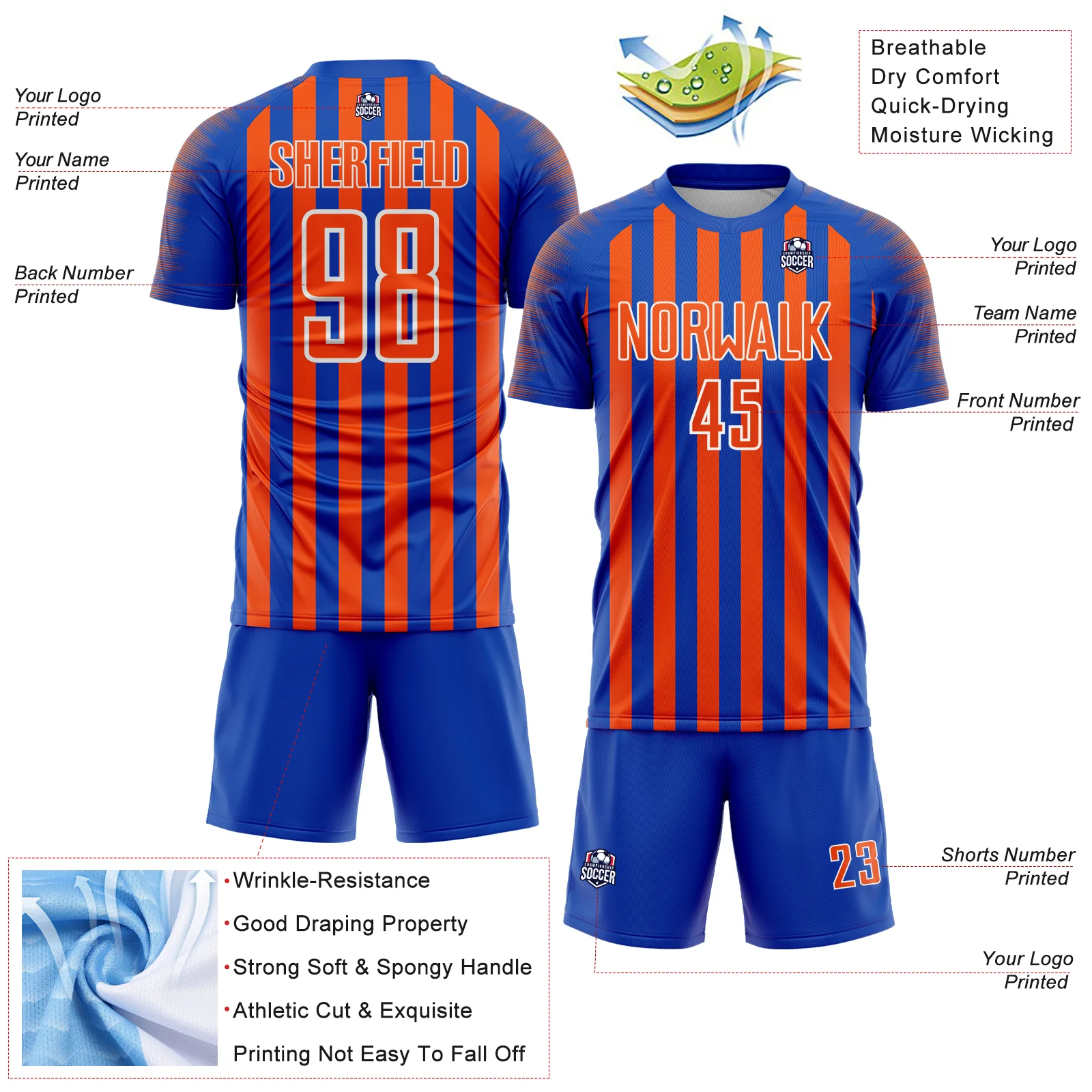 Custom Thunder Blue Orange-White Stripe Sports Sublimation Soccer Uniform Jersey - Image 4