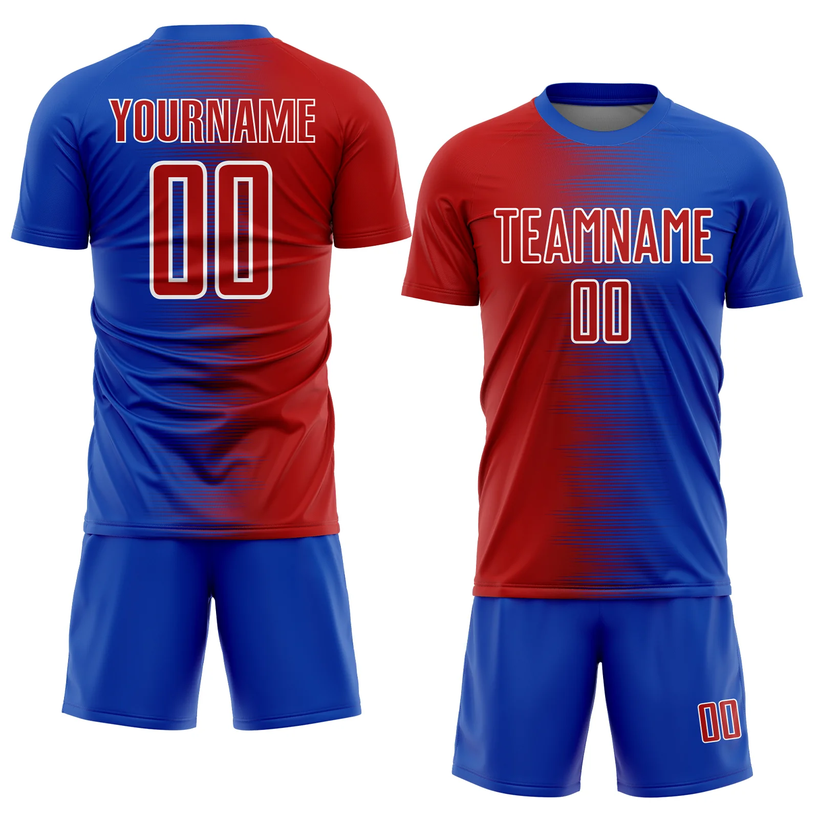Custom Thunder Blue Red-White Gradient Line Sublimation Soccer Uniform Jersey - Image 2