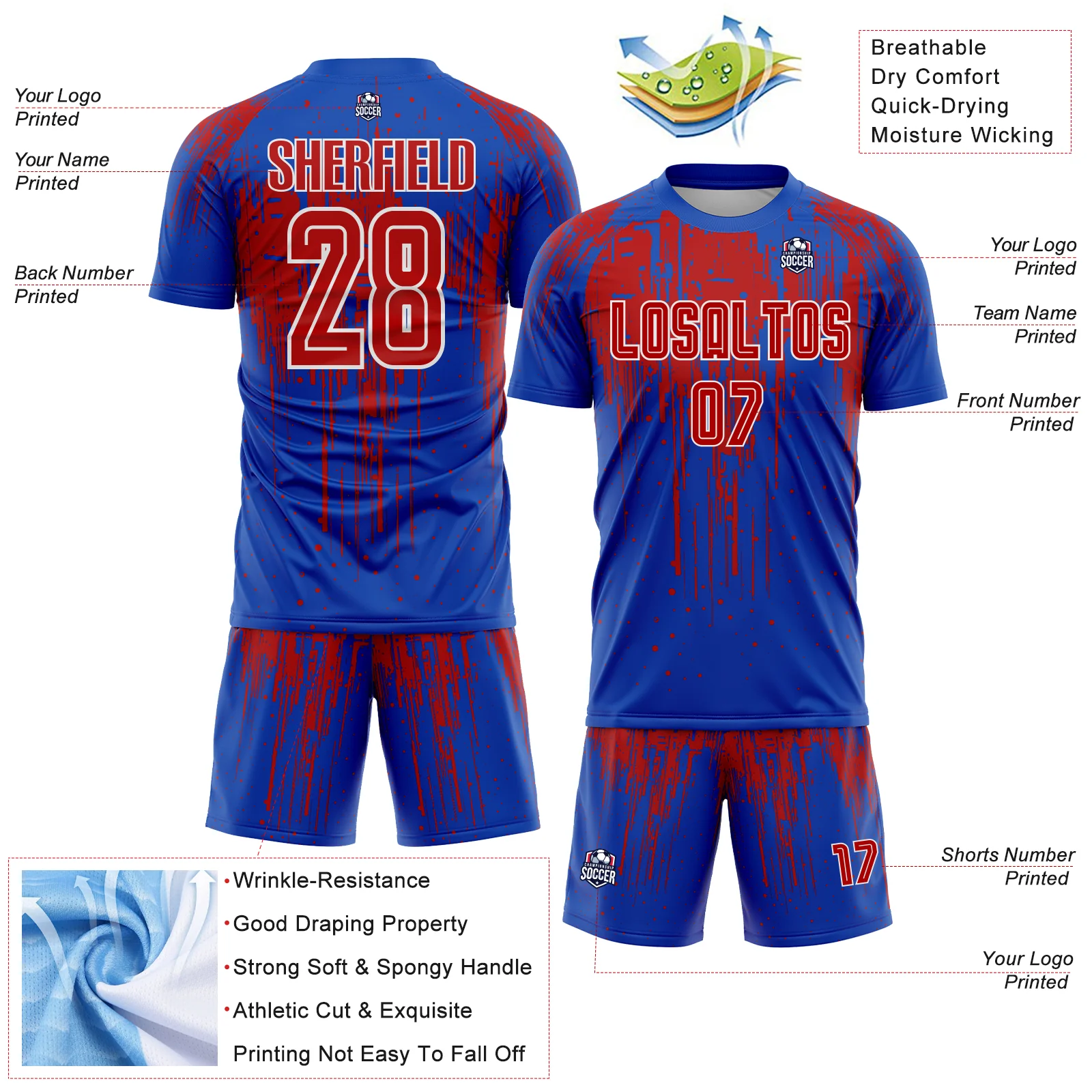 Custom Thunder Blue Red-White Dripping Splatte Pattern Sports Sublimation Soccer Uniform Jersey - Image 4