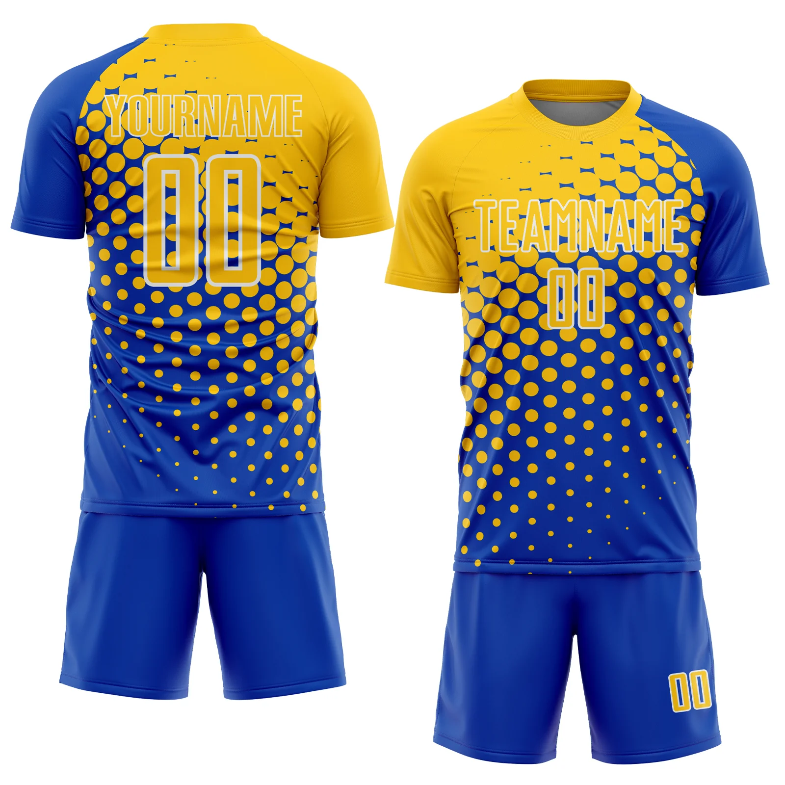 Custom Thunder Blue Yellow-White Modern Polka Dot Sublimation Soccer Uniform Jersey - Image 2