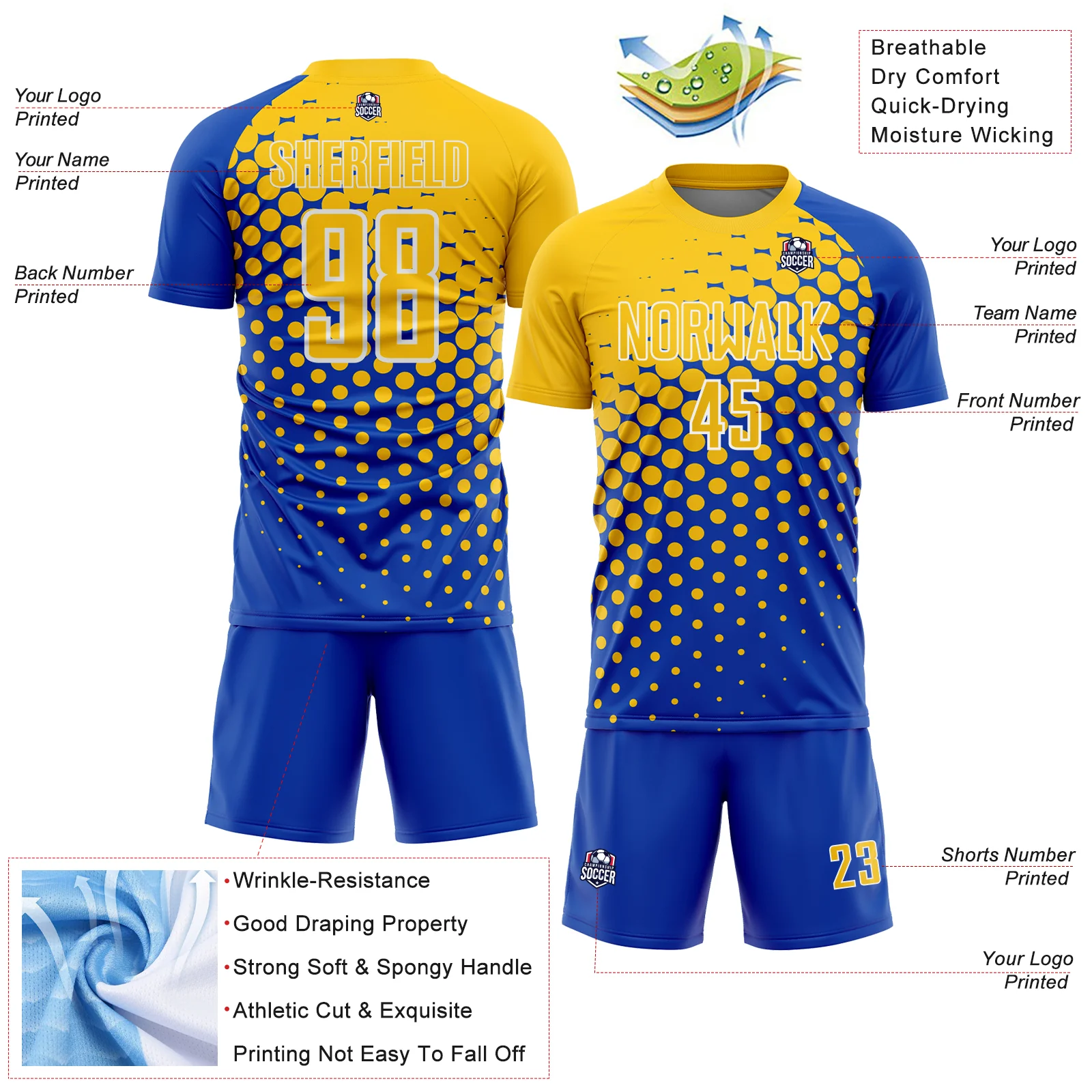 Custom Thunder Blue Yellow-White Modern Polka Dot Sublimation Soccer Uniform Jersey - Image 4