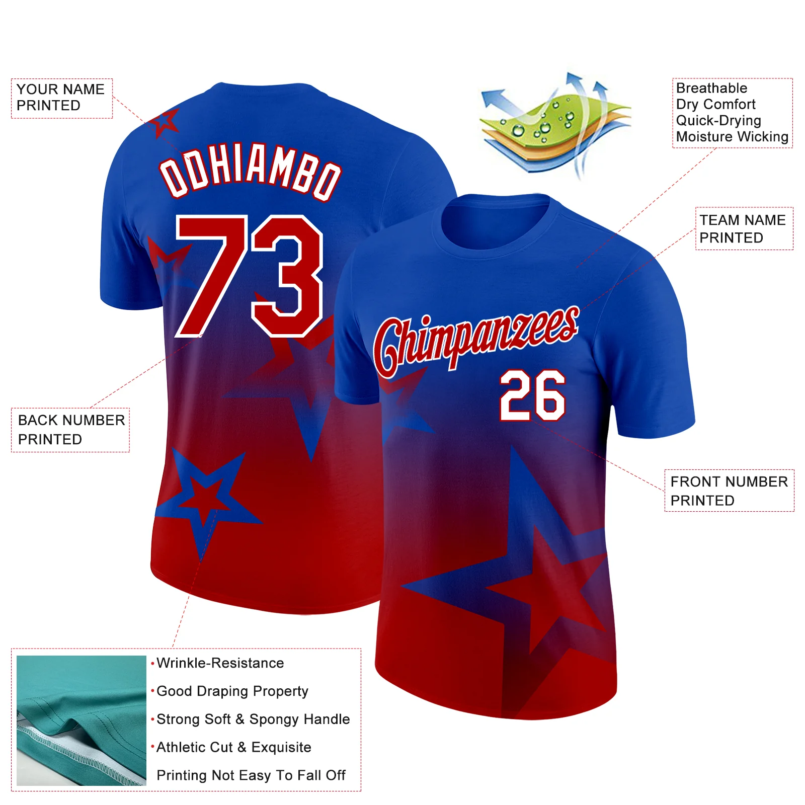 Custom Thunder Blue Red-White 3D Pattern Design Gradient Style Twinkle Star Performance T-Shirt - Image 2