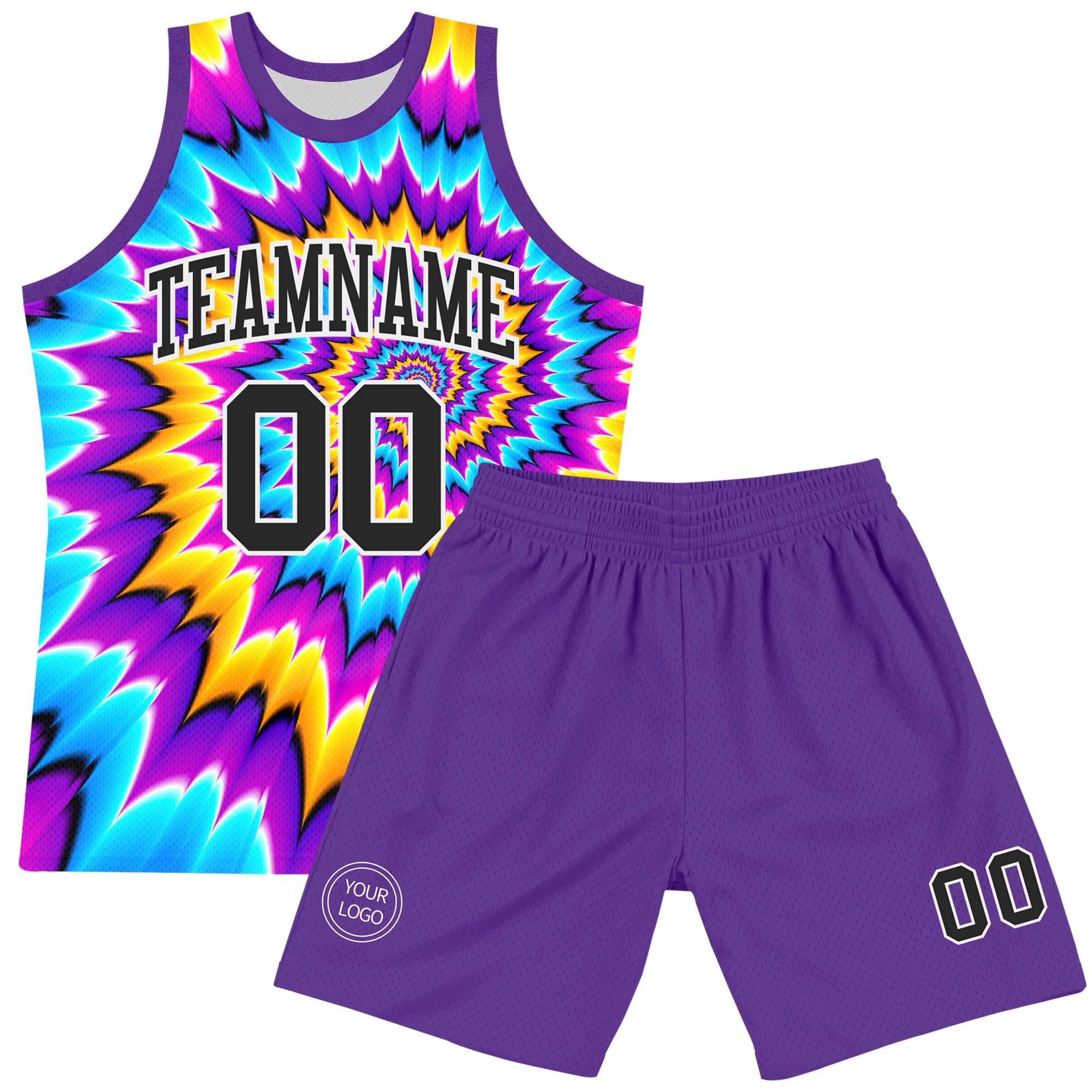 Custom Tie Dye Black-White Round Neck Sublimation Basketball Suit Jersey - Image 2