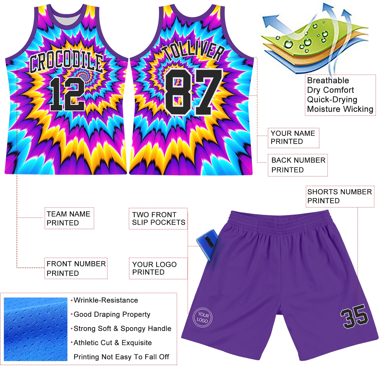 Custom Tie Dye Black-White Round Neck Sublimation Basketball Suit Jersey - Image 3