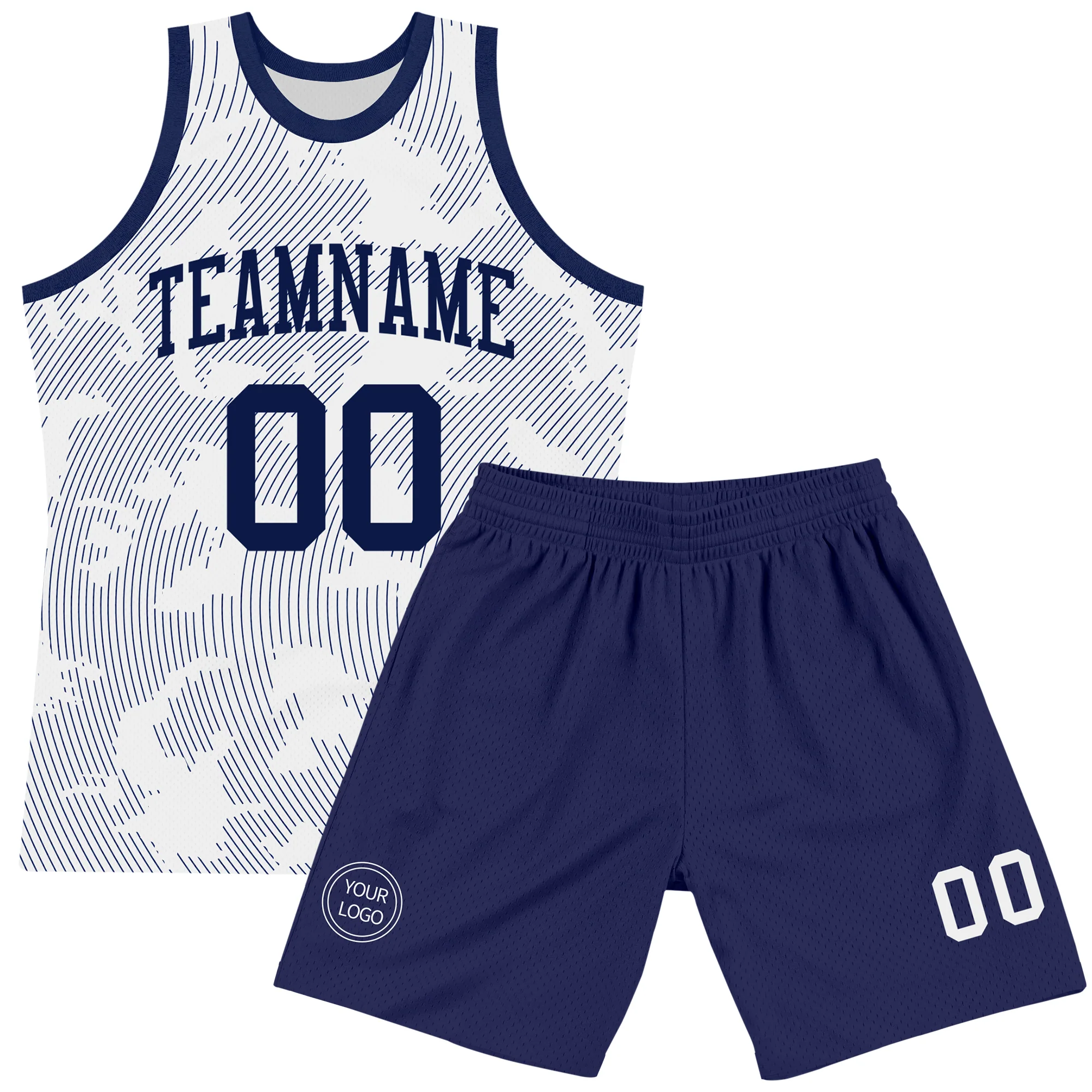 Custom White Navy Curve Lines Round Neck Sublimation Basketball Suit Jersey - Image 2