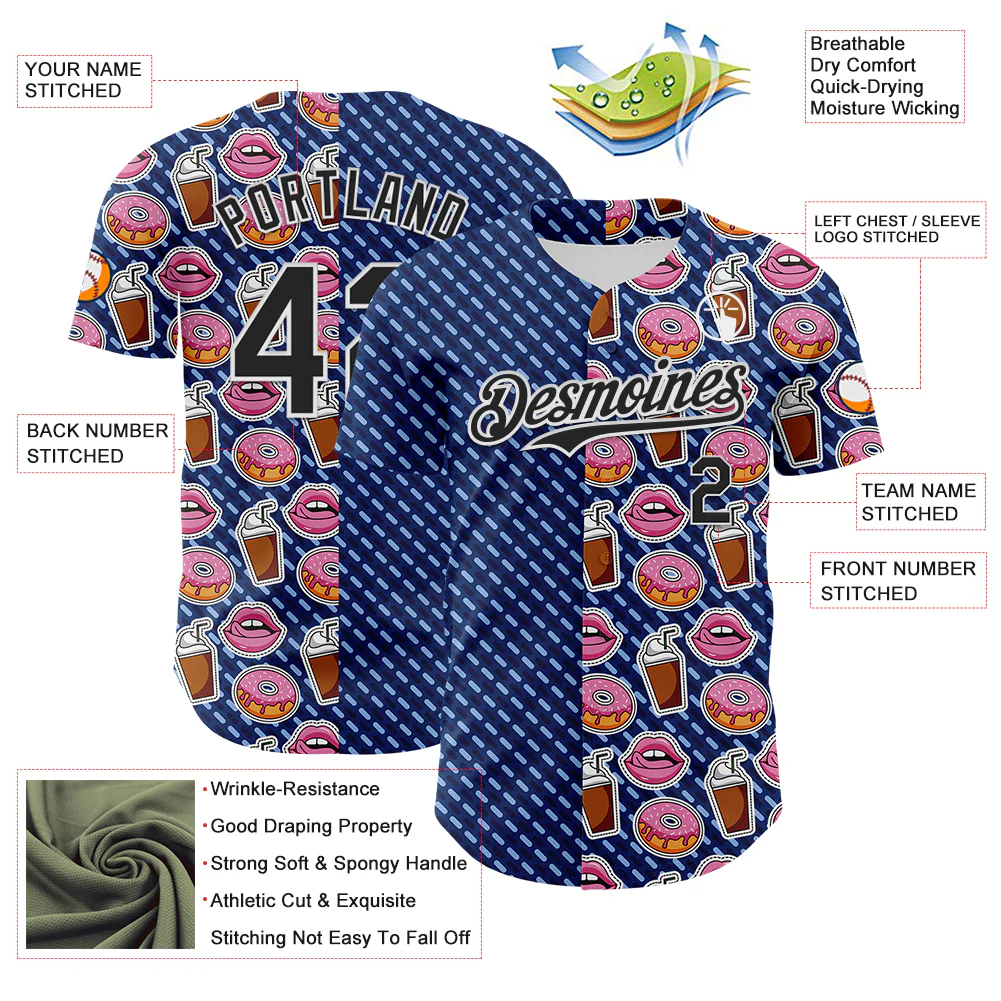 Custom US Navy Blue Black-White 3D Pattern Design Foodie Food Dessert Milkshake Donut Authentic Baseball Jersey - Image 3