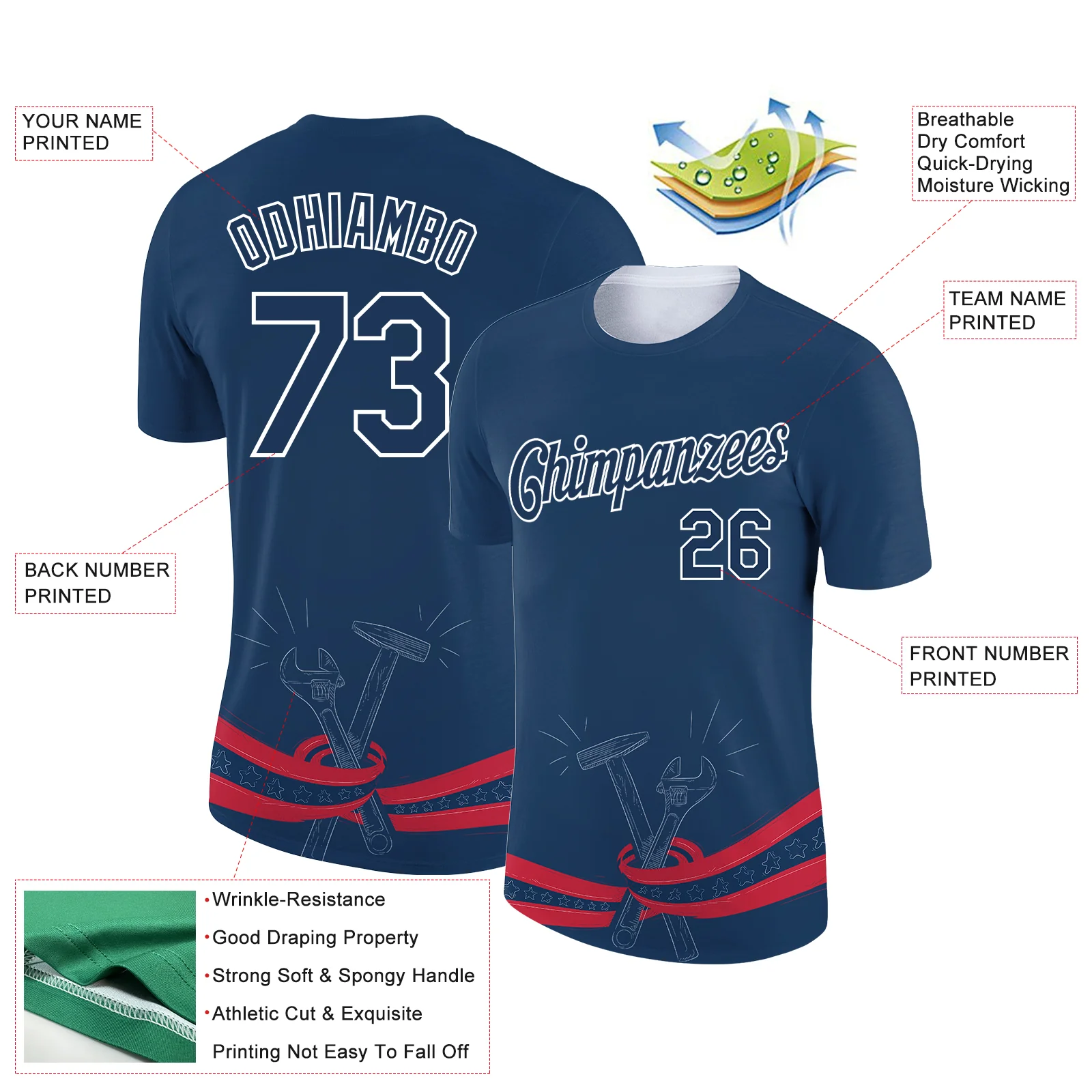 Custom US Navy Blue White-Red 3D Pattern Design Tool Wrench And Hammer Labor Day Performance T-Shirt - Image 2
