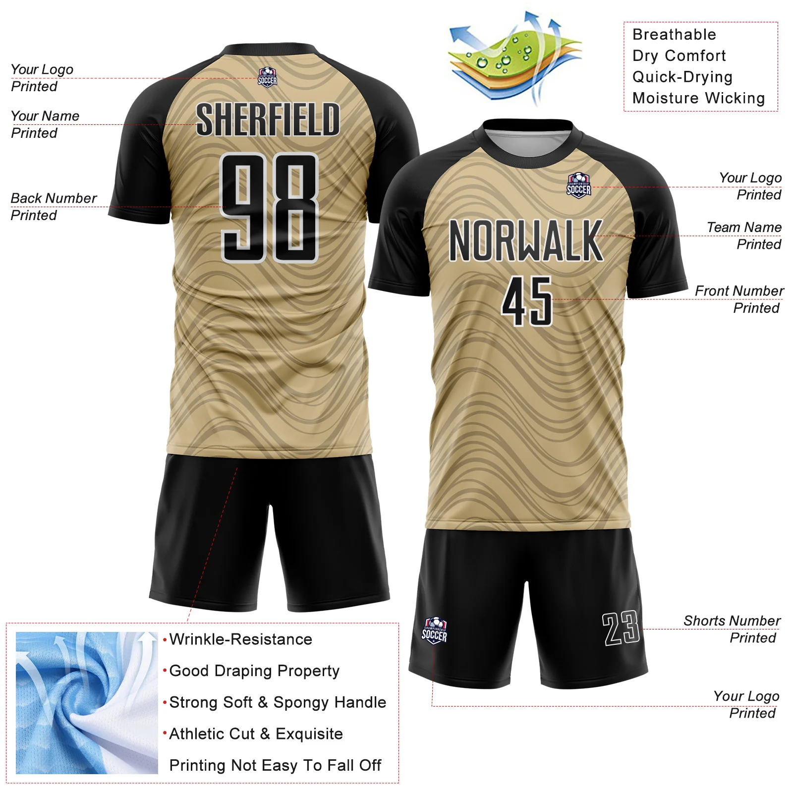 Custom Vegas Gold Black-White Wavy Lines Sports Sublimation Soccer Uniform Jersey - Image 4