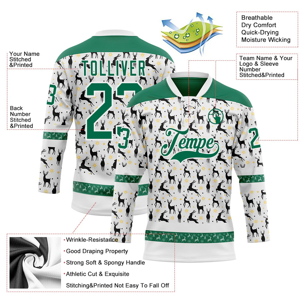 Custom White Kelly Green-White 3D Christmas Hockey Lace Neck Jersey - Image 3