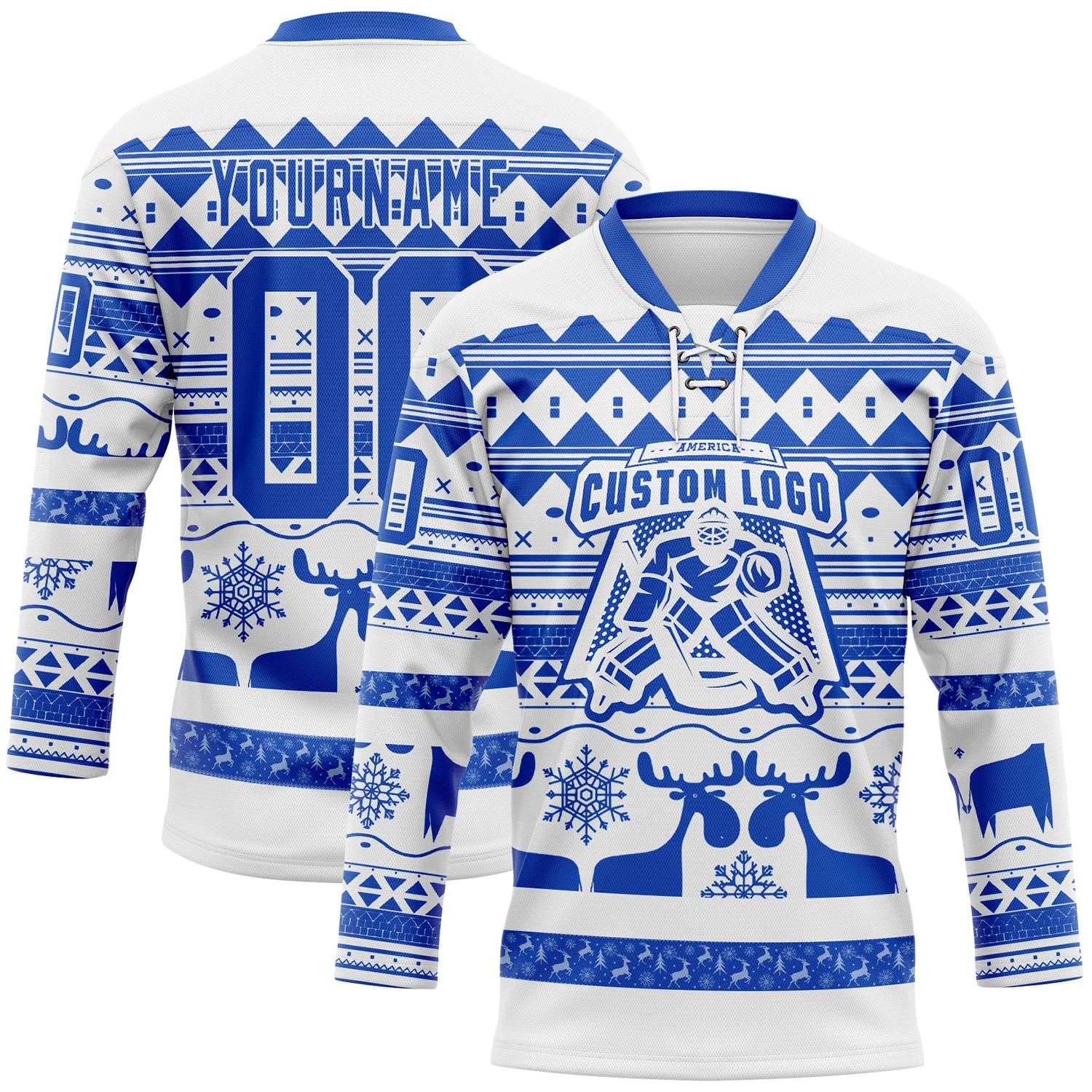 Custom White Thunder Blue-White 3D Christmas Ugly Sweater Hockey Lace Neck Jersey - Image 2