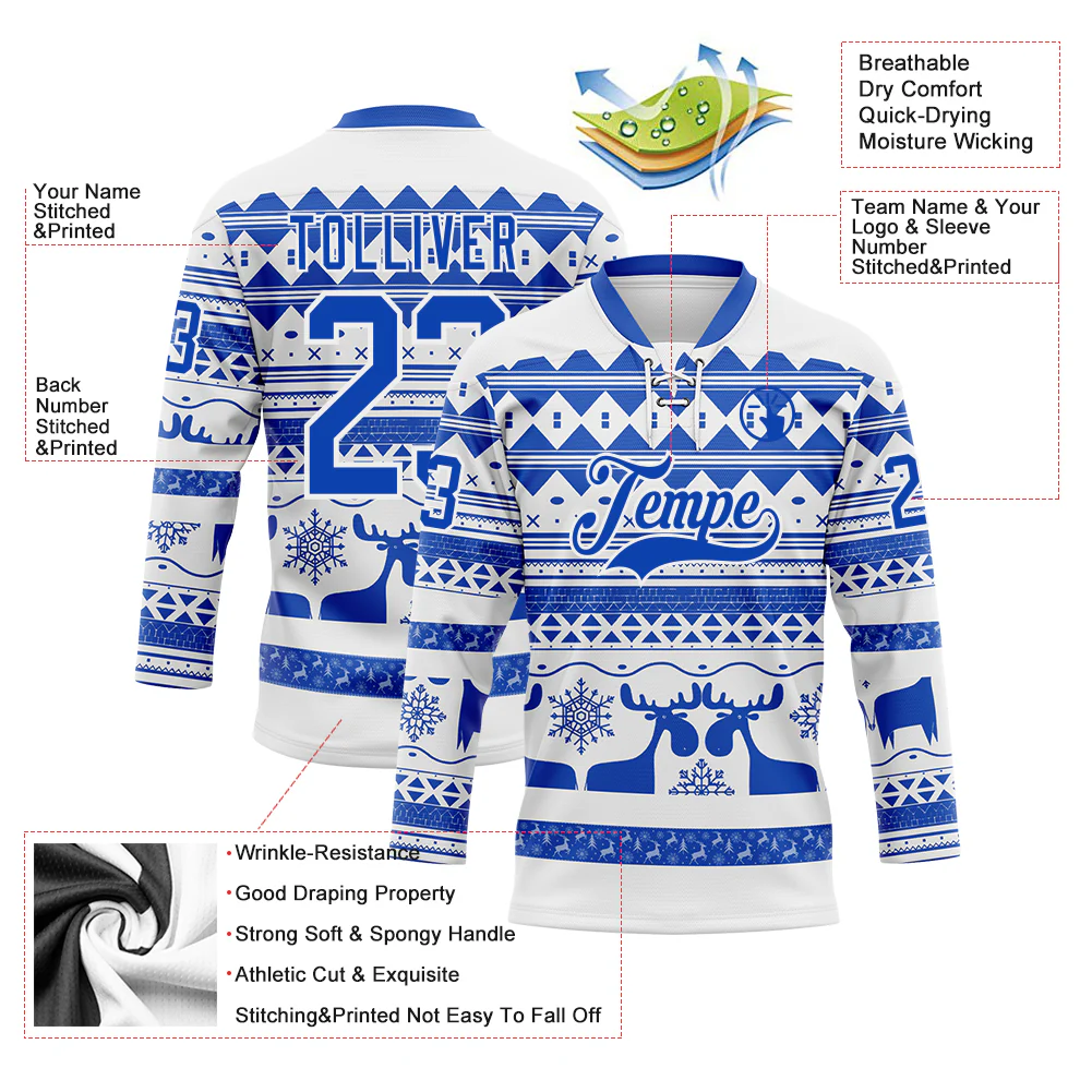 Custom White Thunder Blue-White 3D Christmas Ugly Sweater Hockey Lace Neck Jersey - Image 3