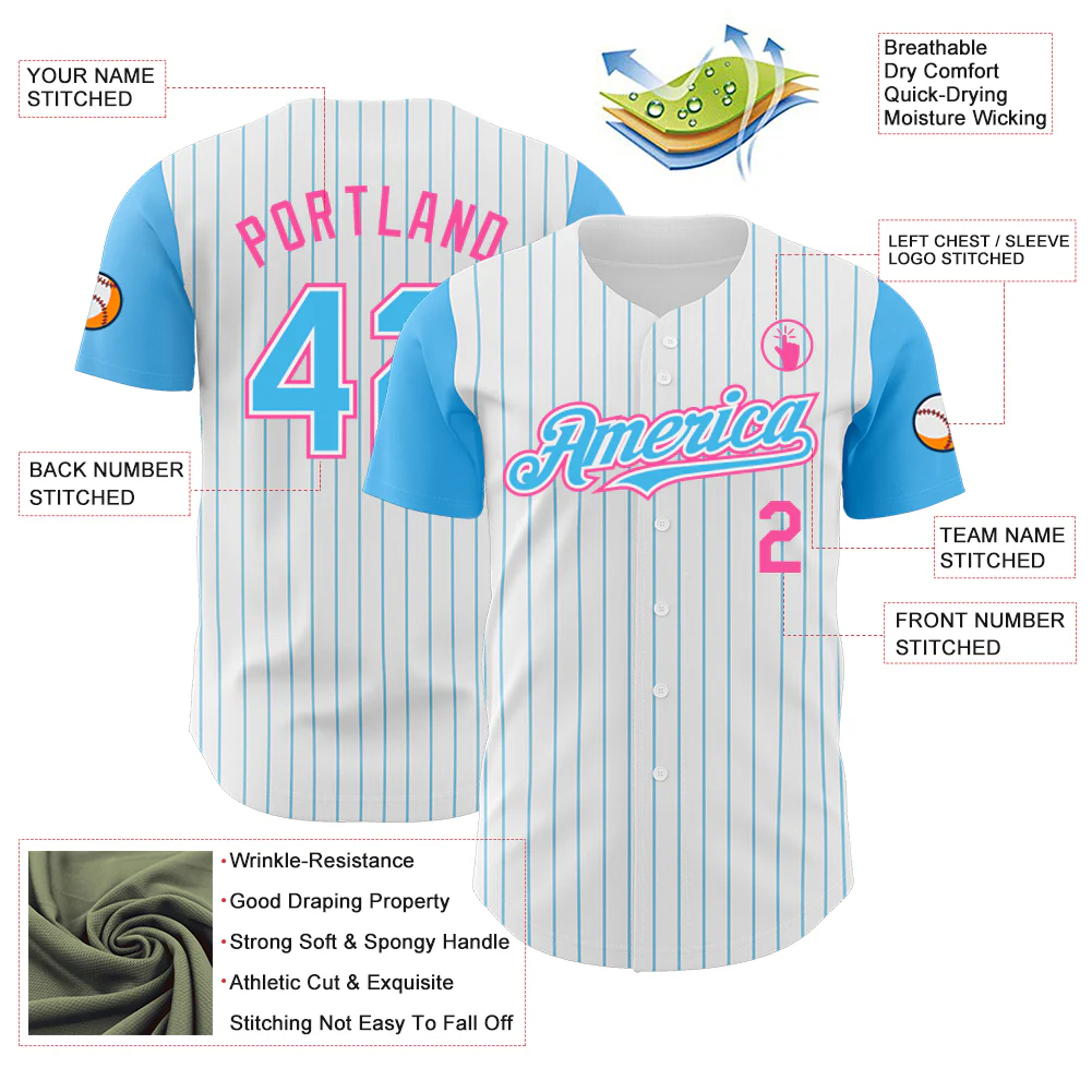 Custom White Sky Blue Pinstripe Pink Authentic Two Tone Baseball Jersey - Image 3