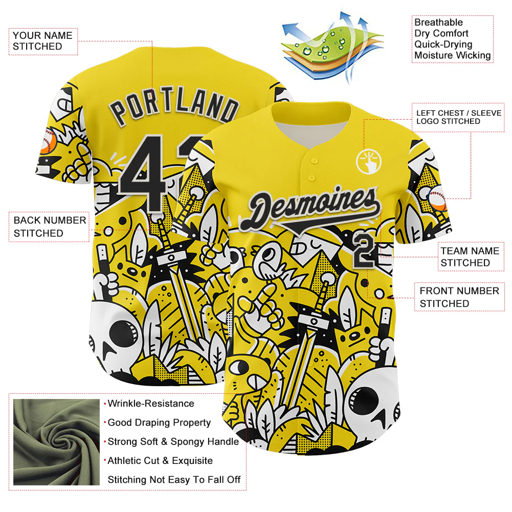 Custom Yellow Black-White 3D Geo Law Fantasy Road Authentic Baseball Jersey - Image 3