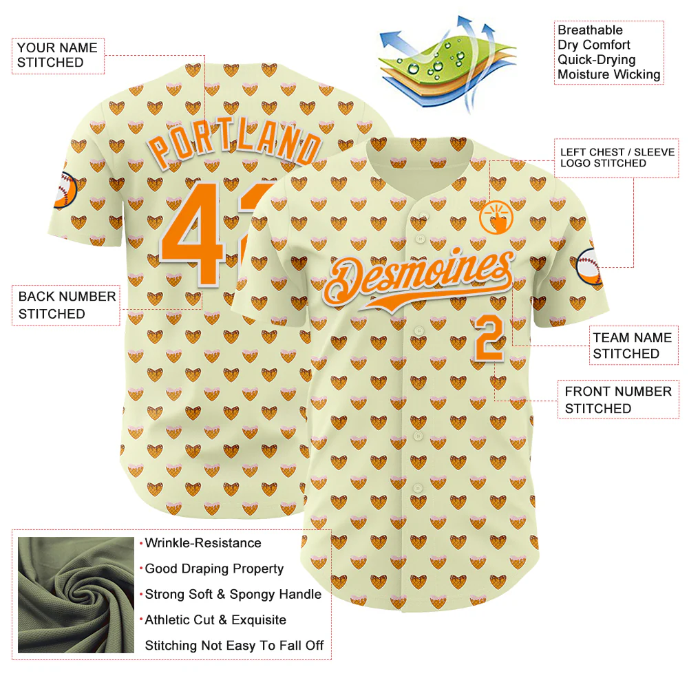 Custom Yellow Bay Orange-White Foodie Heartshaped Waffles Sweets Authentic Baseball Jersey - Image 3