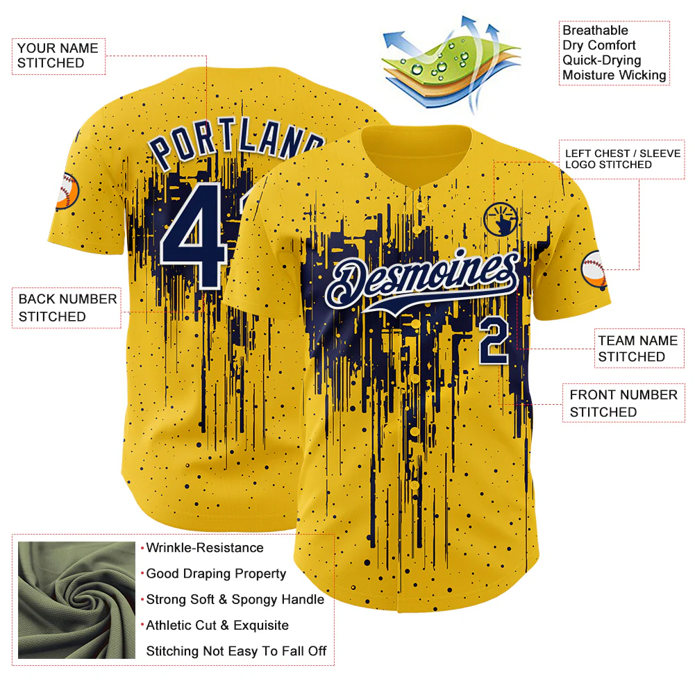 Custom Yellow Navy-White Dripping Splatter Paint Authentic Baseball Jersey - Image 3