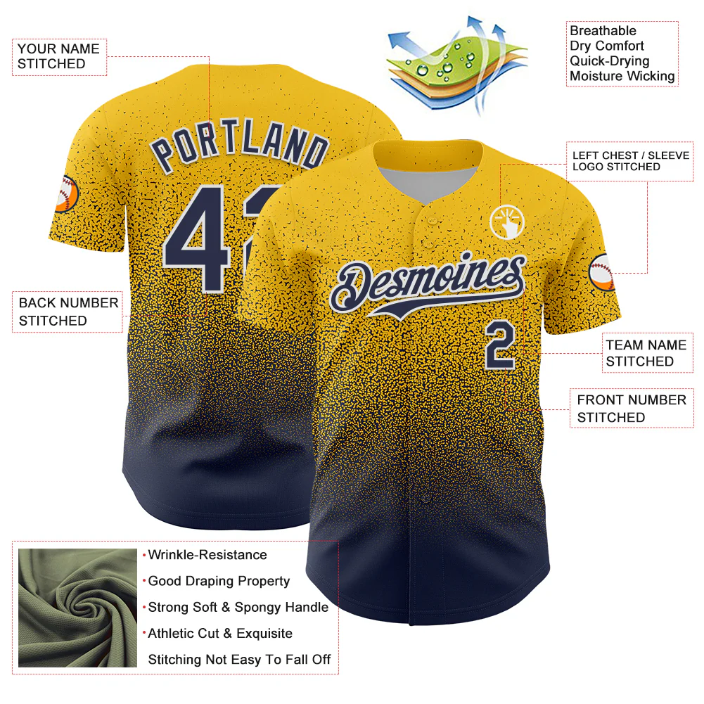 Custom Yellow Navy-White Fade Fashion Speckle Authentic Baseball Jersey - Image 3