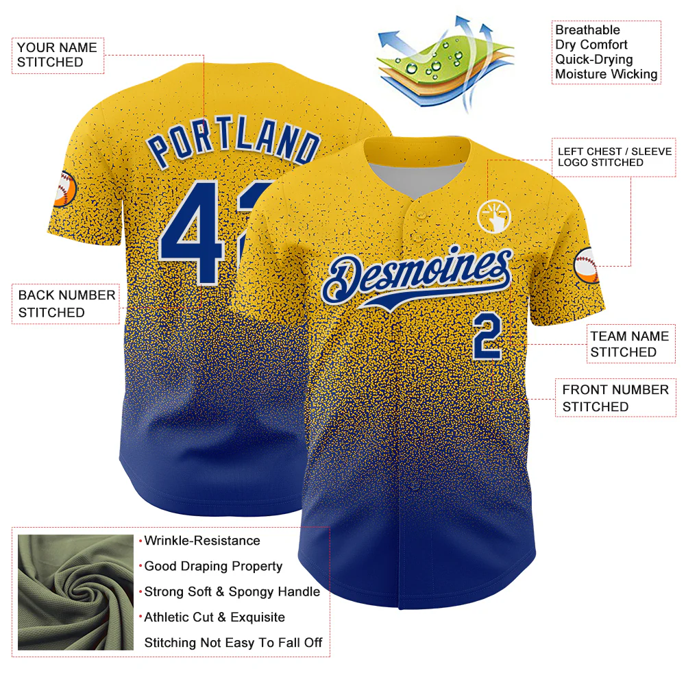 Custom Yellow Royal-White Fade Fashion Speckle Authentic Baseball Jersey - Image 3