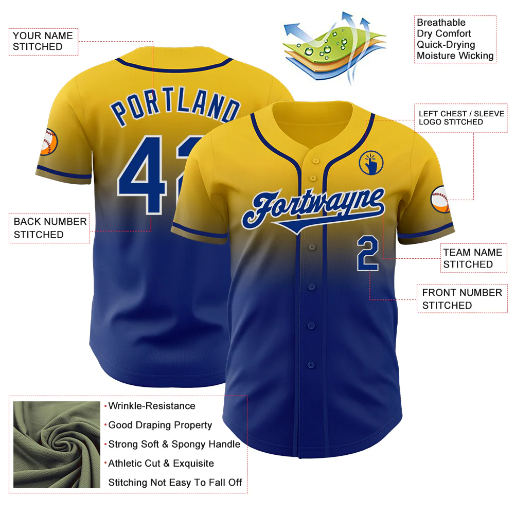 Custom Yellow Royal-White Authentic Fade Fashion Baseball Jersey - Image 3