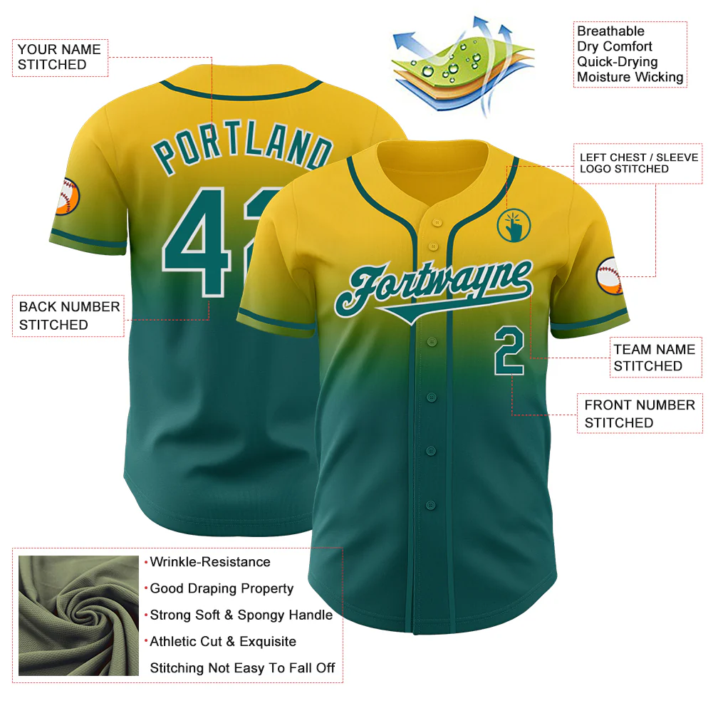 Custom Yellow Teal-White Authentic Fade Fashion Baseball Jersey - Image 3