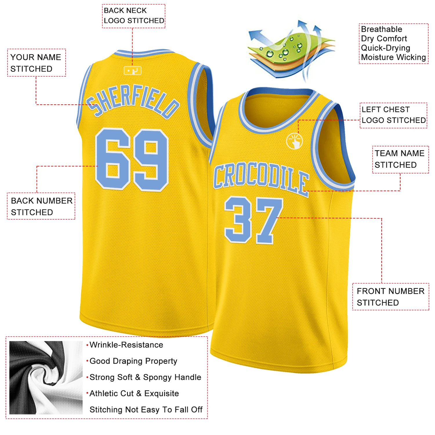Custom Yellow Light Blue-White Authentic Basketball Jersey - Image 2