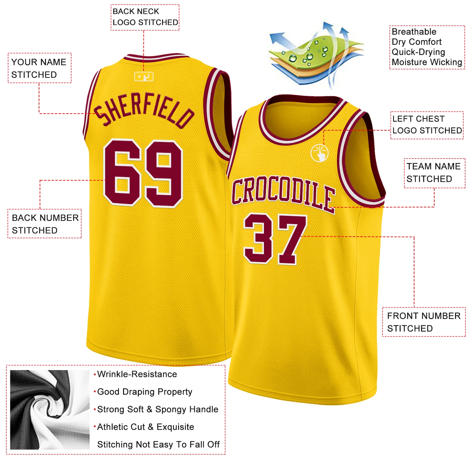 Custom Yellow Maroon-White Authentic Basketball Jersey - Image 2