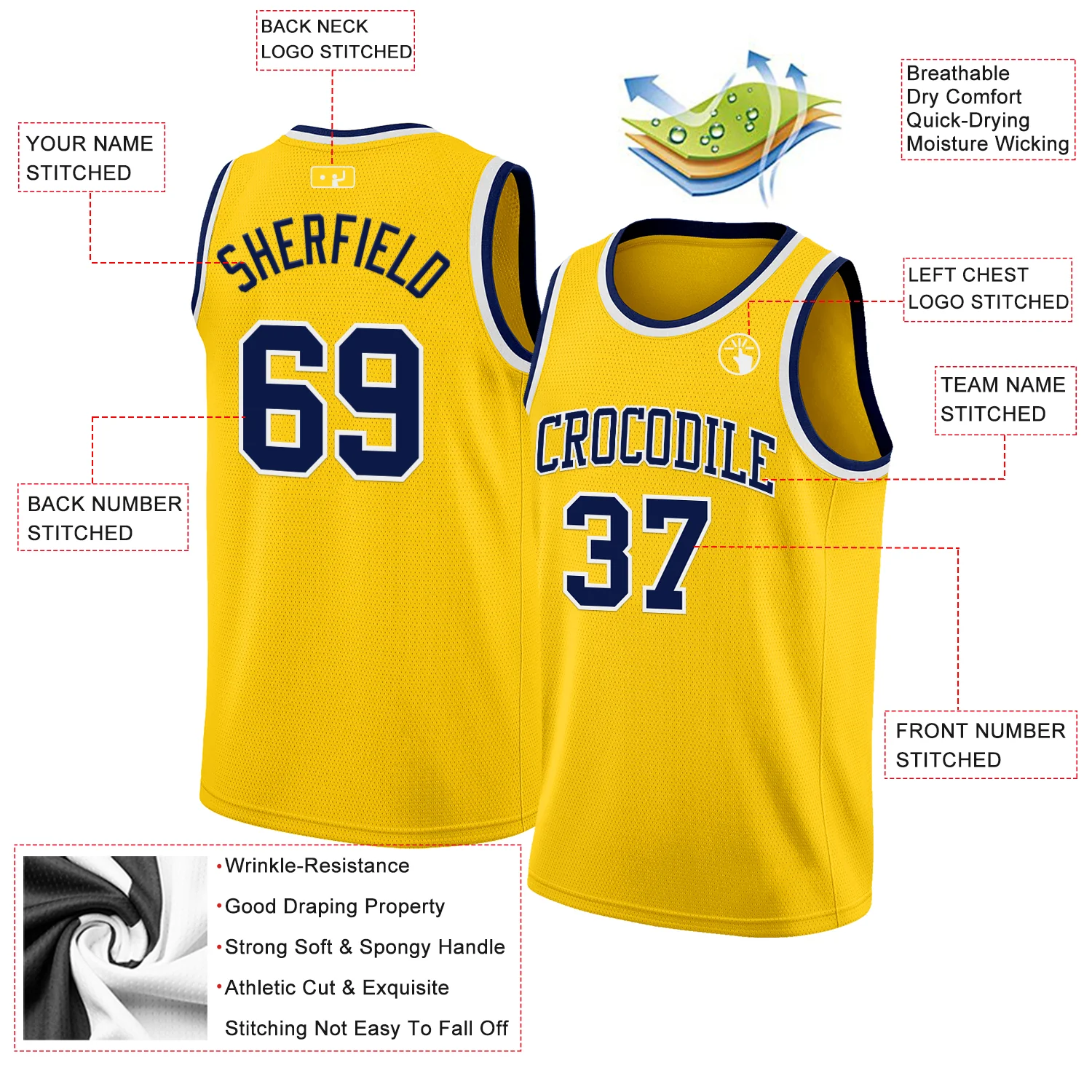 Custom Yellow Navy-White Authentic Basketball Jersey - Image 2