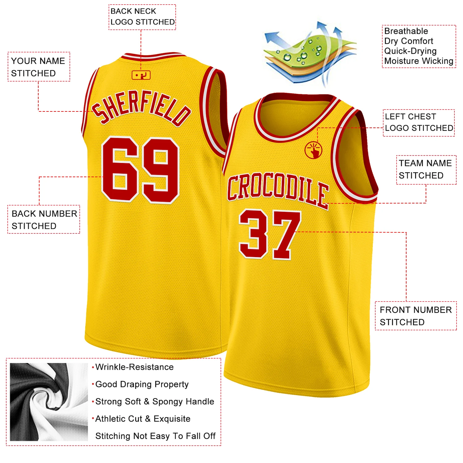 Custom Yellow Red-White Authentic Basketball Jersey - Image 2