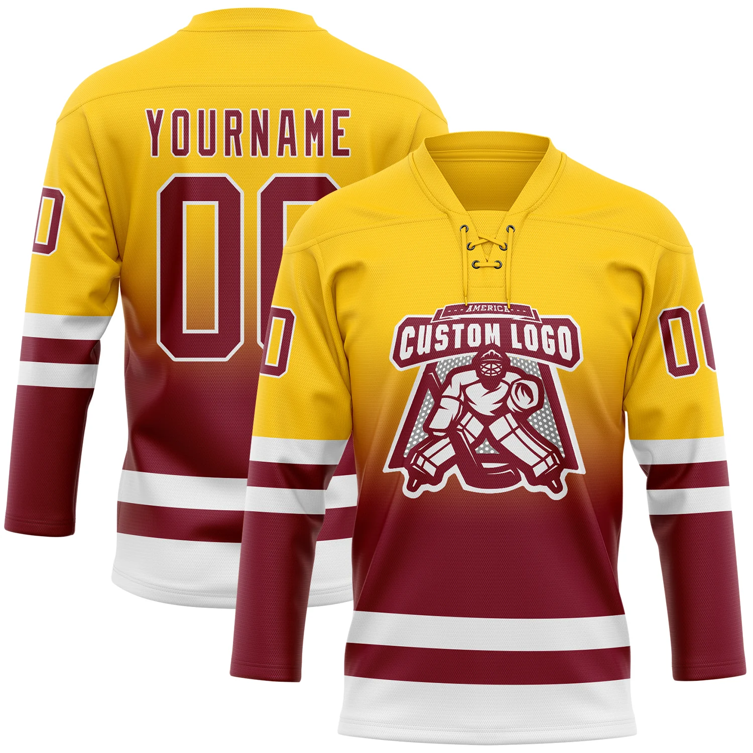Custom Yellow Crimson-White Fade Fashion Hockey Lace Neck Jersey - Image 2