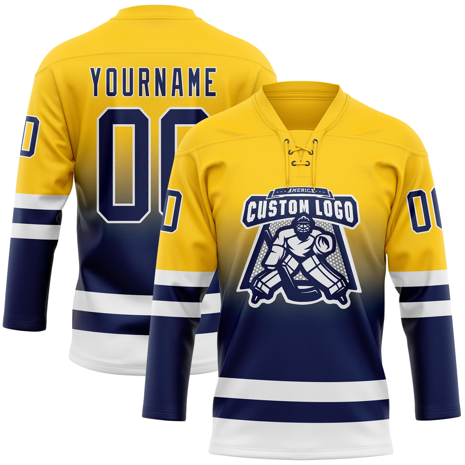 Custom Yellow Navy-White Fade Fashion Hockey Lace Neck Jersey - Image 2