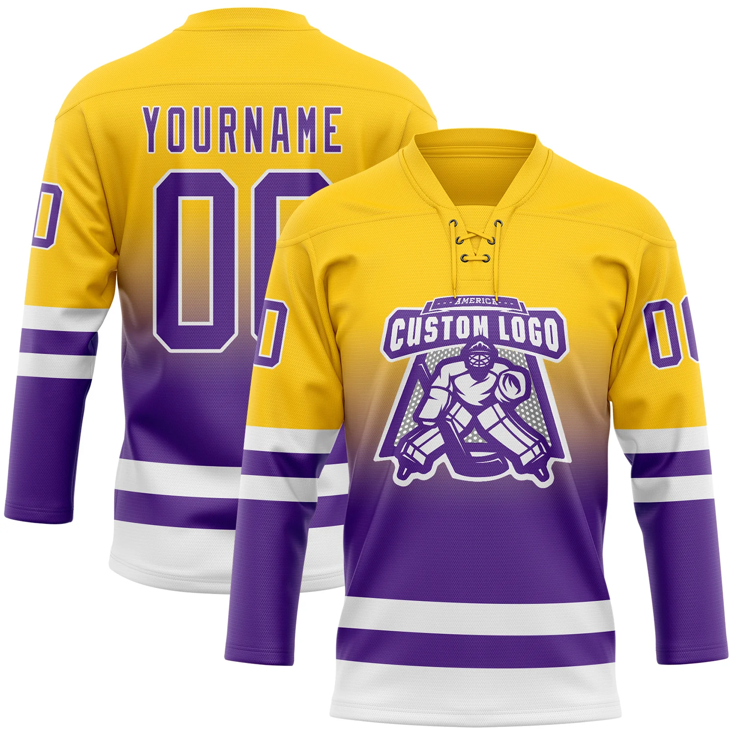 Custom Yellow Purple-White Fade Fashion Hockey Lace Neck Jersey - Image 2